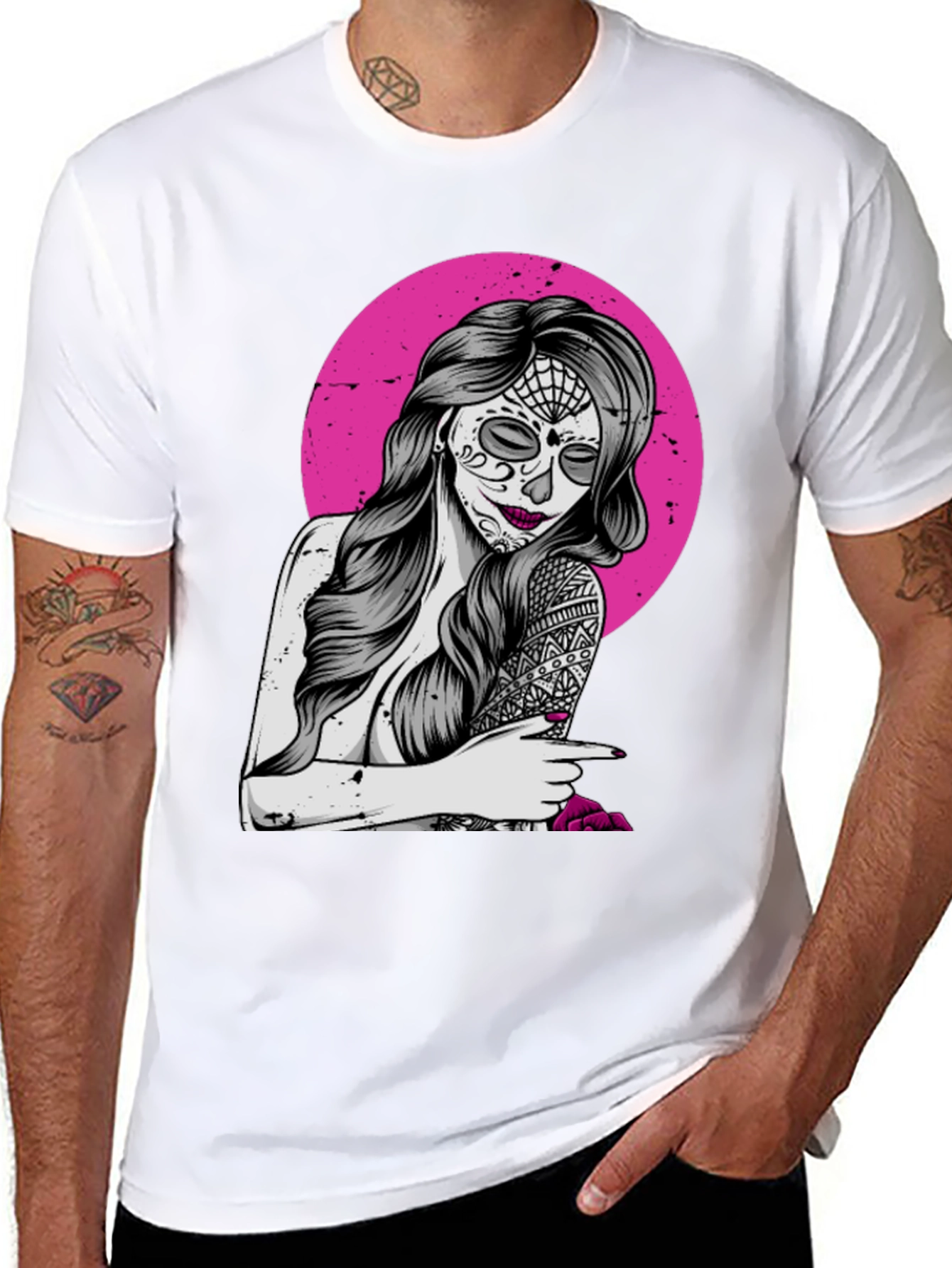 Sugar Skull Woman T-Shirt - Pink Circle Design