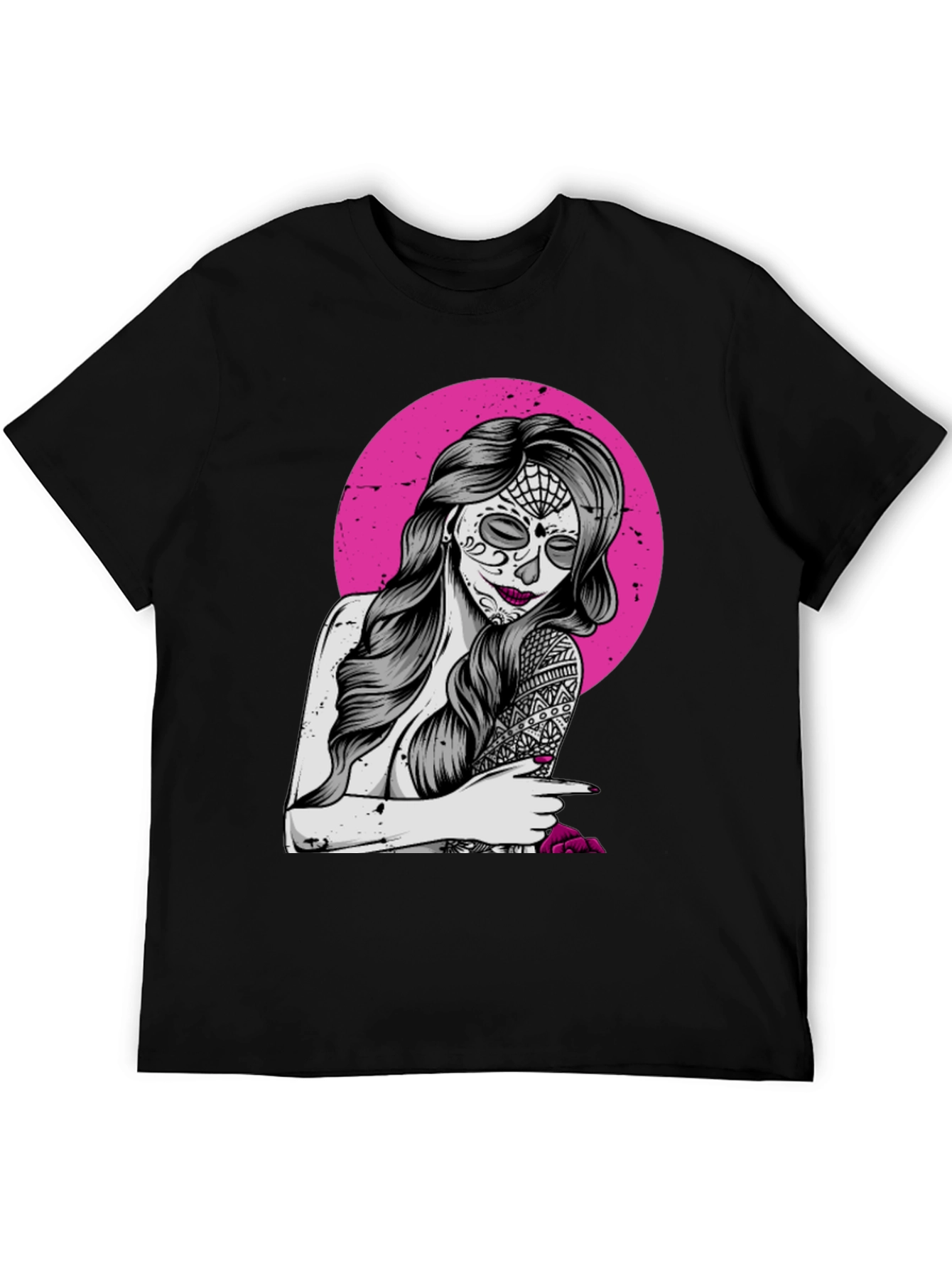 Sugar Skull Woman T-Shirt - Pink Circle Design