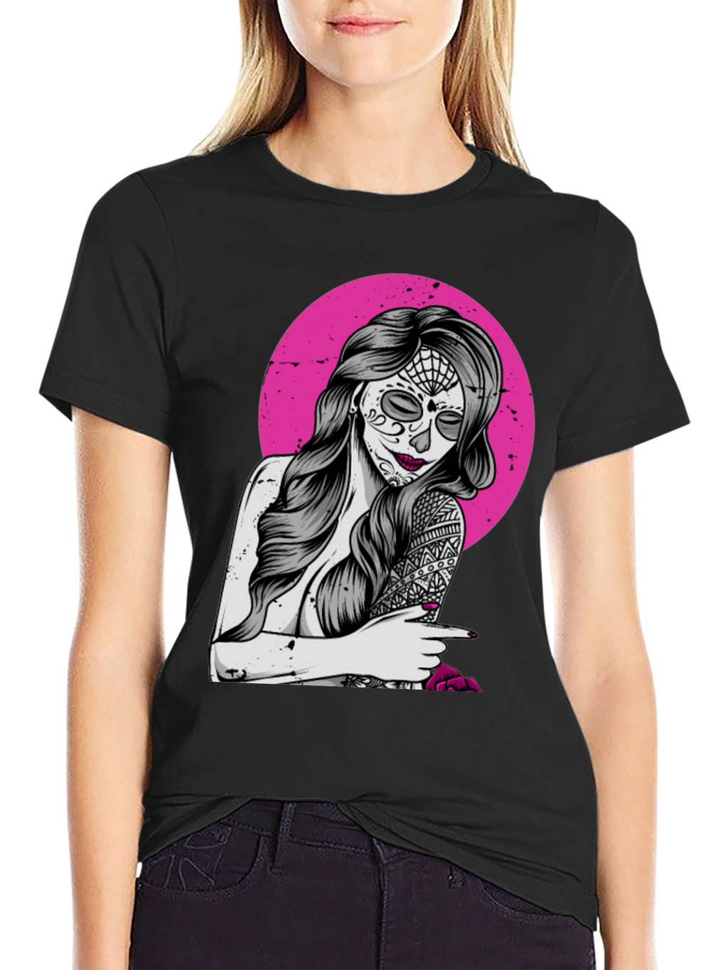 Sugar Skull Woman T-Shirt - Pink Circle Design