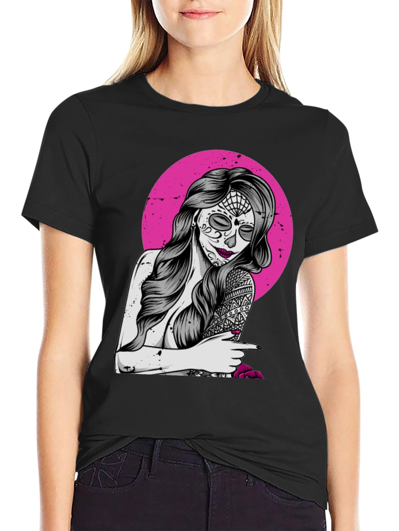 Sugar Skull Woman T-Shirt - Pink Circle Design