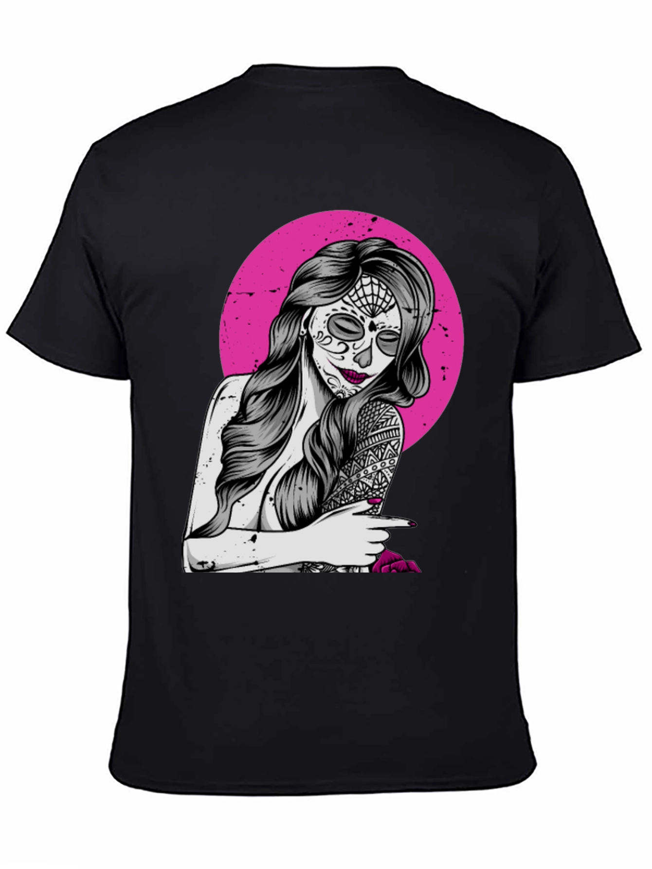 Sugar Skull Woman T-Shirt - Pink Circle Design
