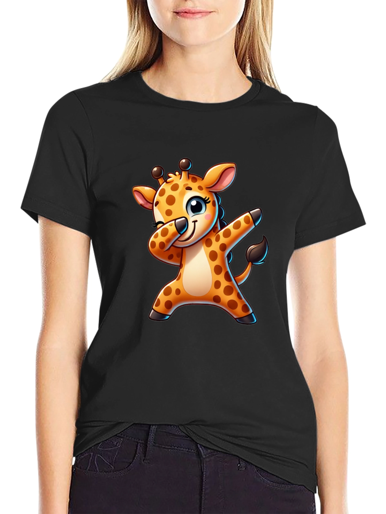 Dabbing Giraffe Black T-Shirt - Fun Cartoon Tee