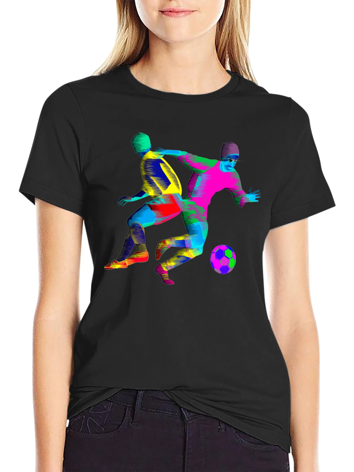 Colorful Soccer Players Graphic Black T-Shirt
