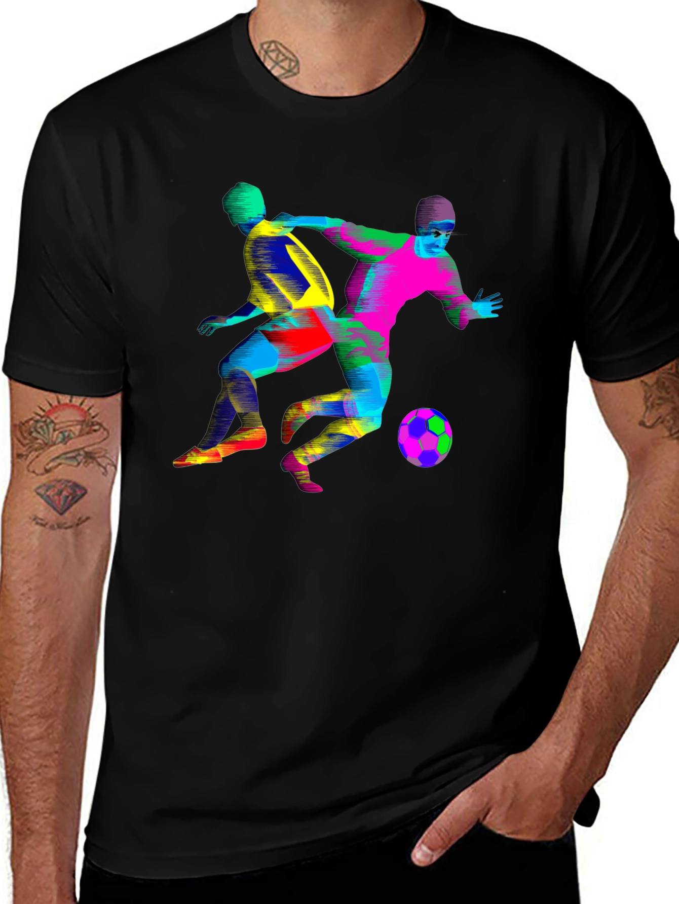 Colorful Soccer Players Graphic Black T-Shirt