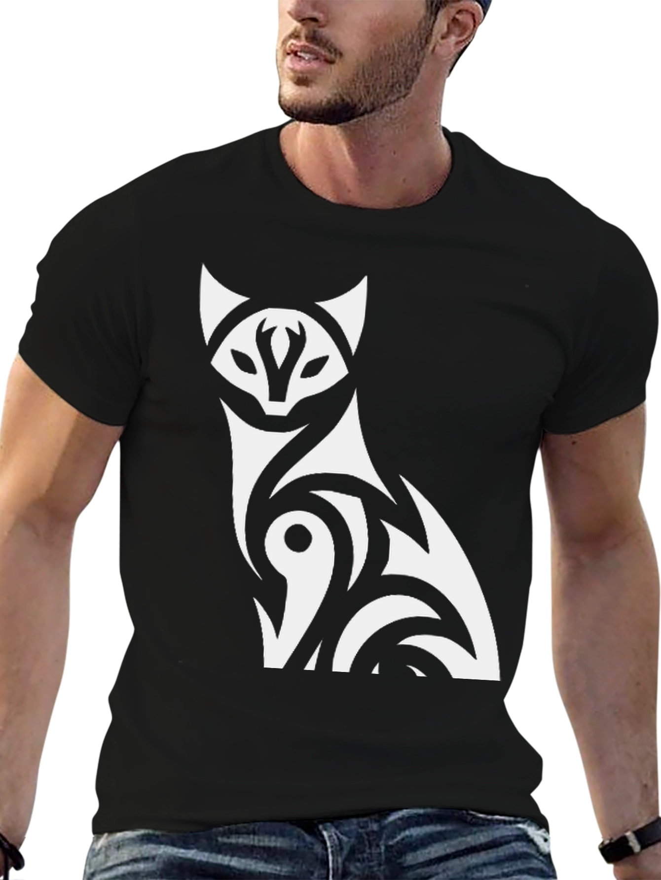 Tribal Cat Graphic T-Shirt - Black