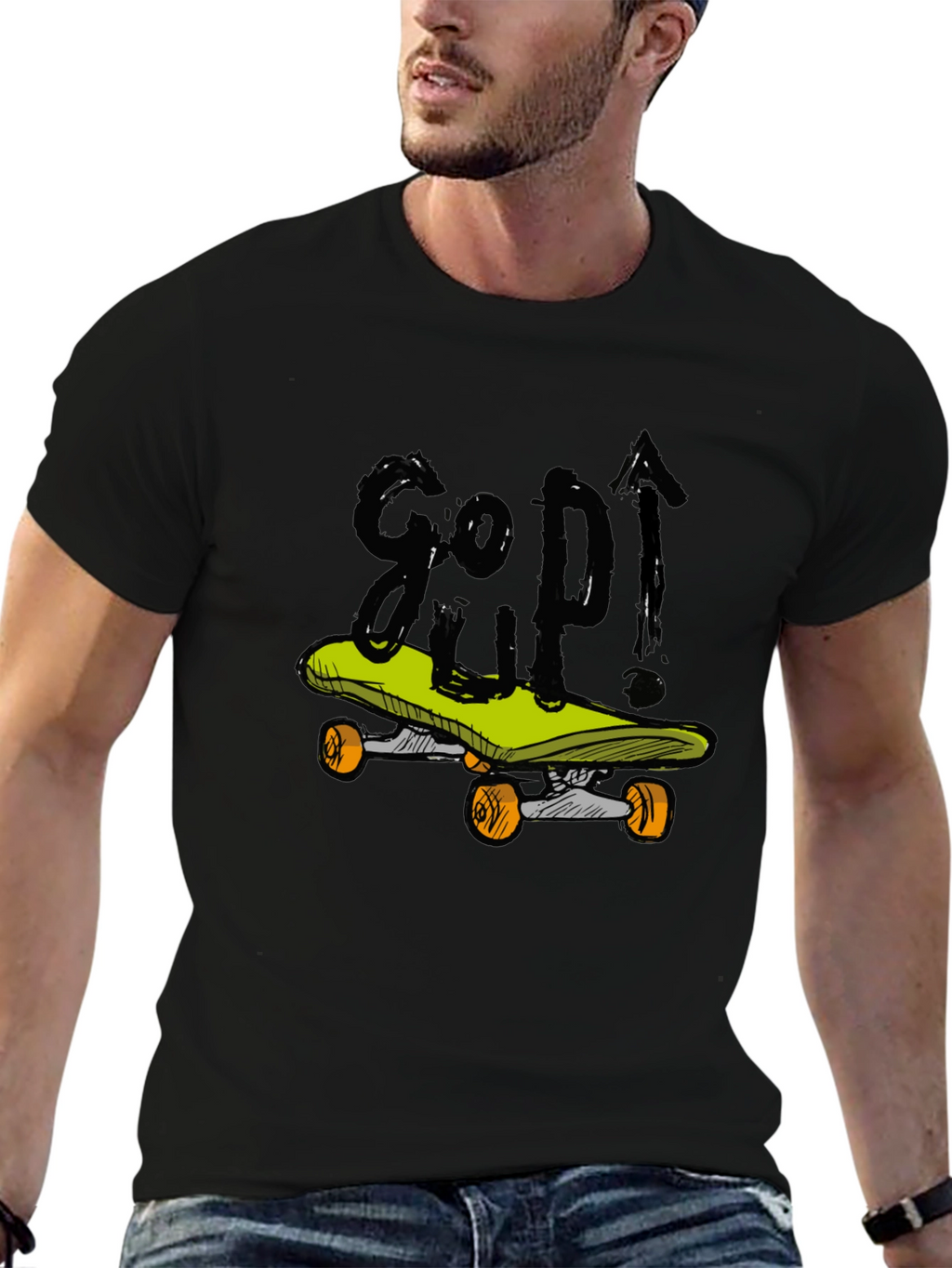 Skateboarding Graphic Tee - Black Cotton Blend
