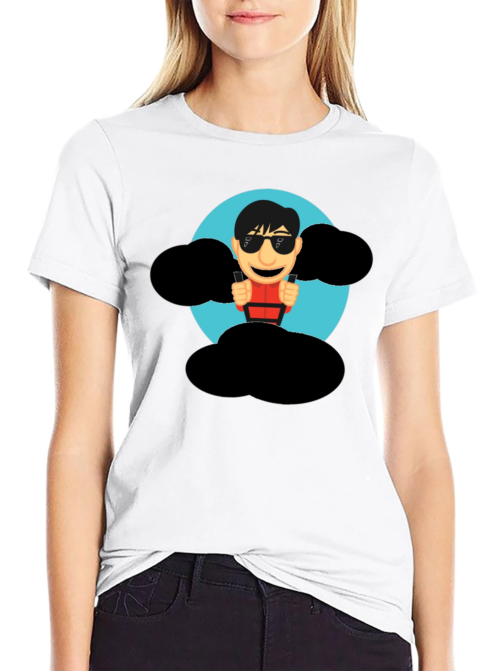 Cartoon Skydiver Graphic Tee - Cool Black T-Shirt