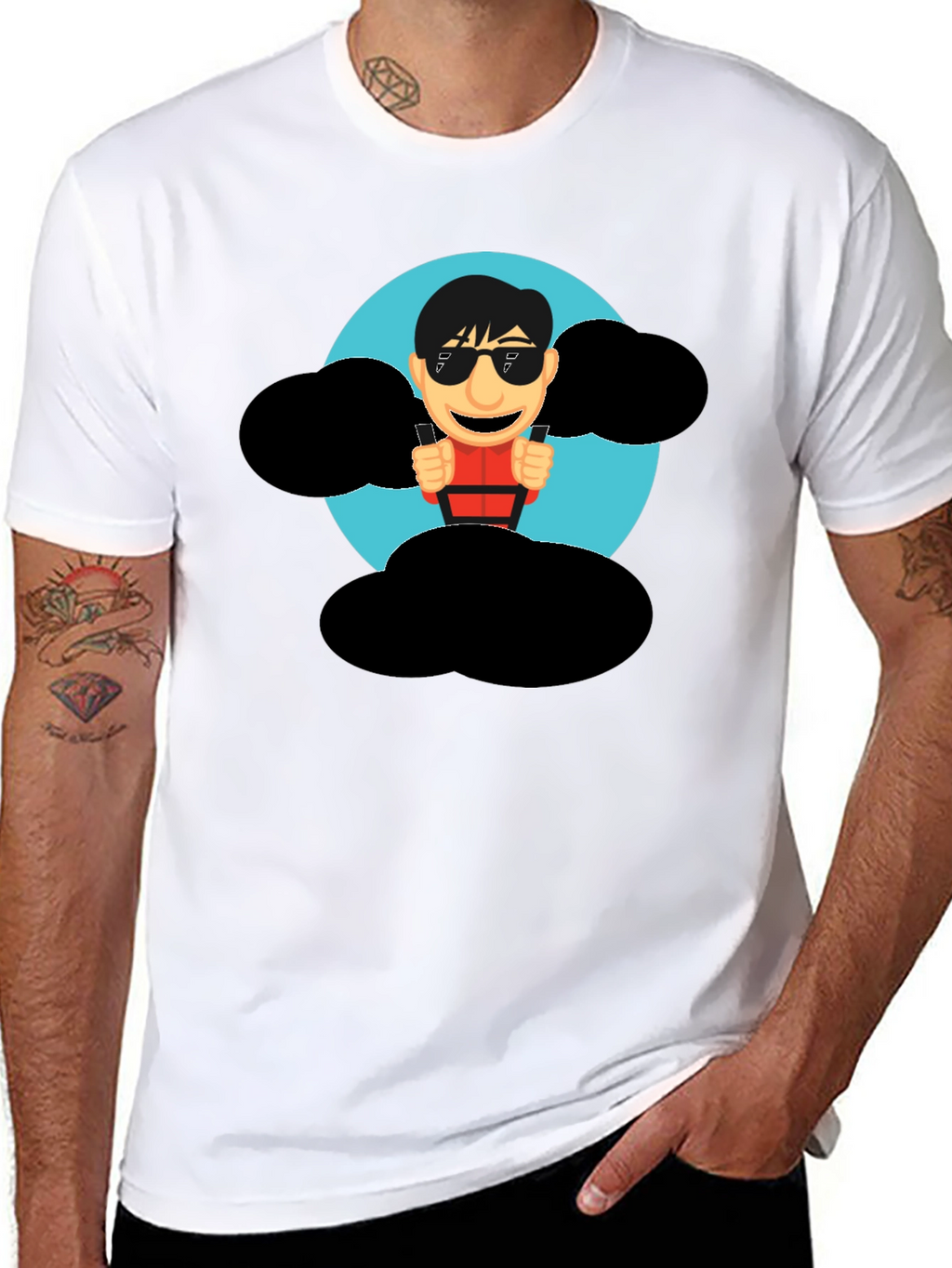 Cartoon Skydiver Graphic Tee - Cool Black T-Shirt