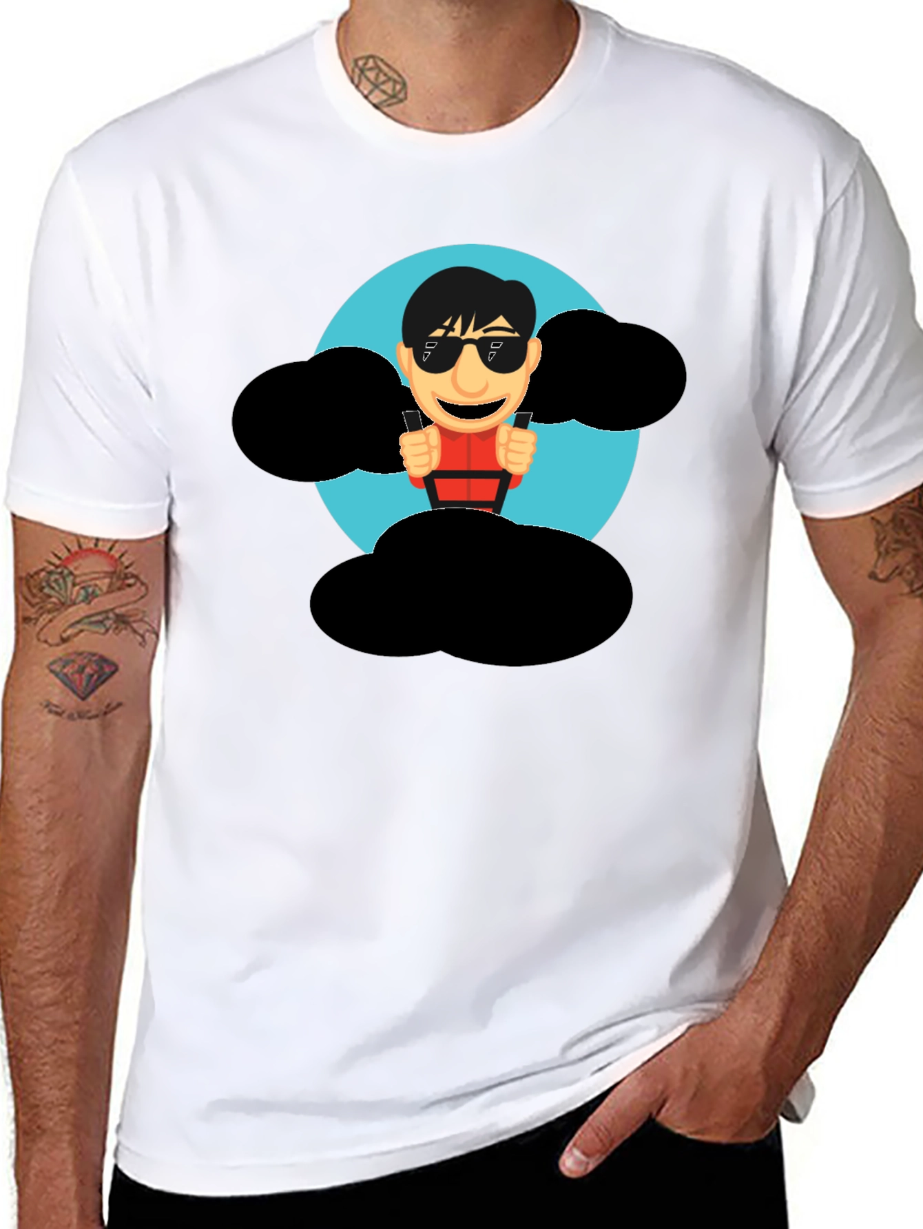 Cartoon Skydiver Graphic Tee - Cool Black T-Shirt