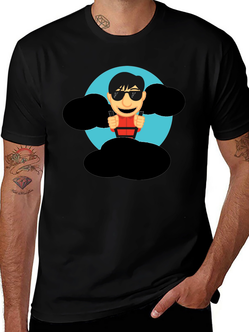 Cartoon Skydiver Graphic Tee - Cool Black T-Shirt