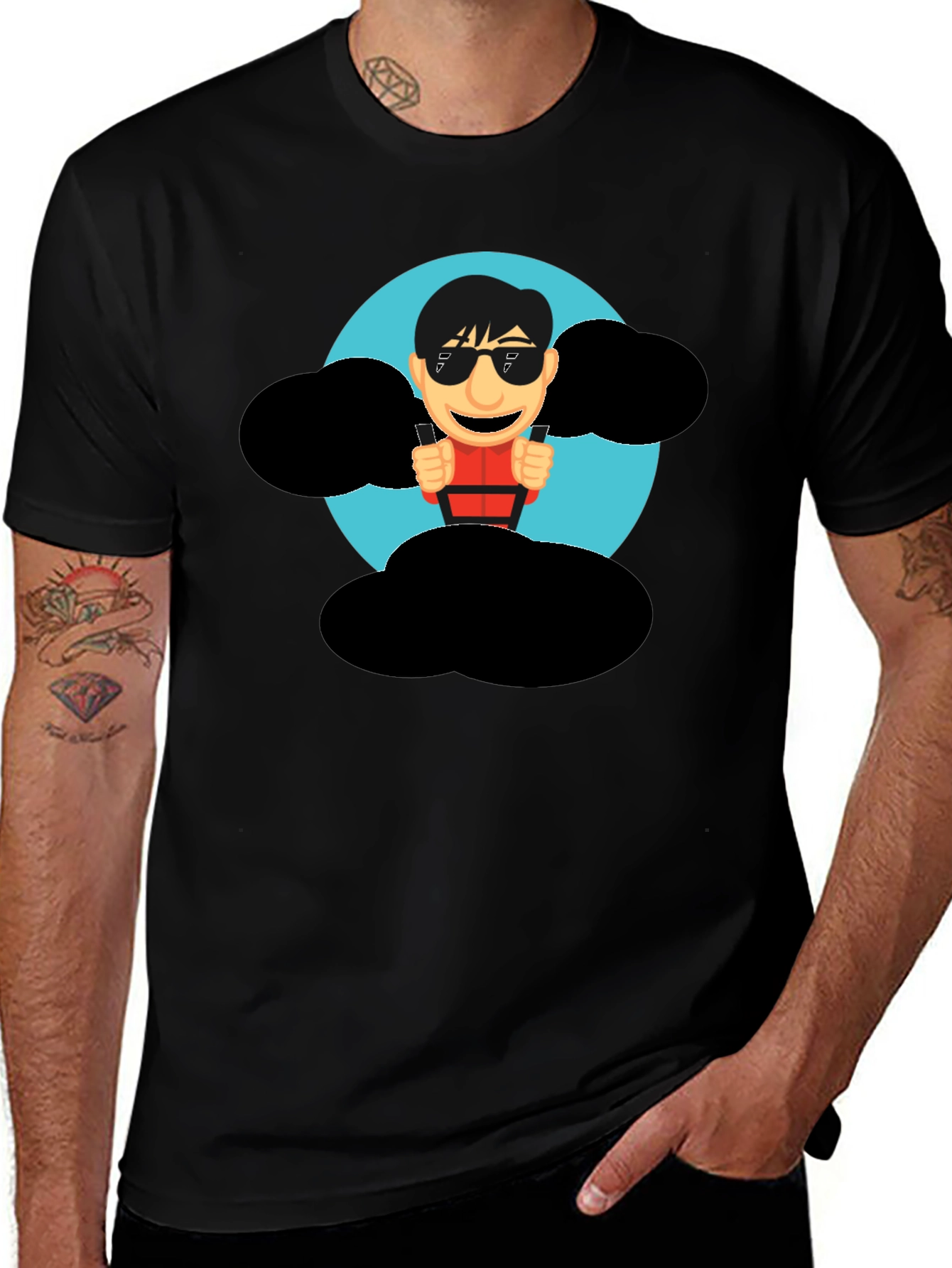 Cartoon Skydiver Graphic Tee - Cool Black T-Shirt
