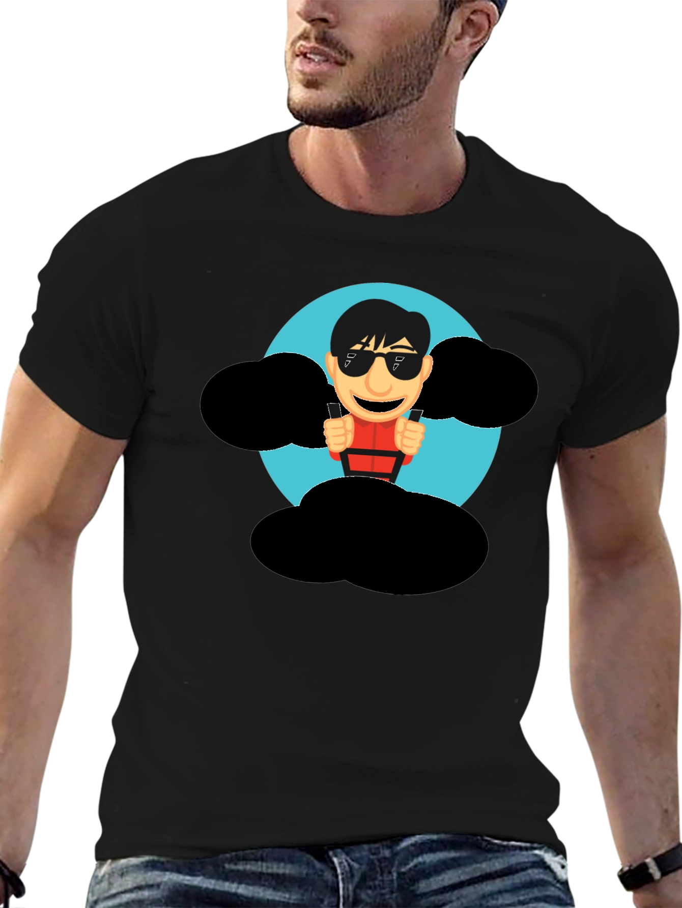 Cartoon Skydiver Graphic Tee - Cool Black T-Shirt