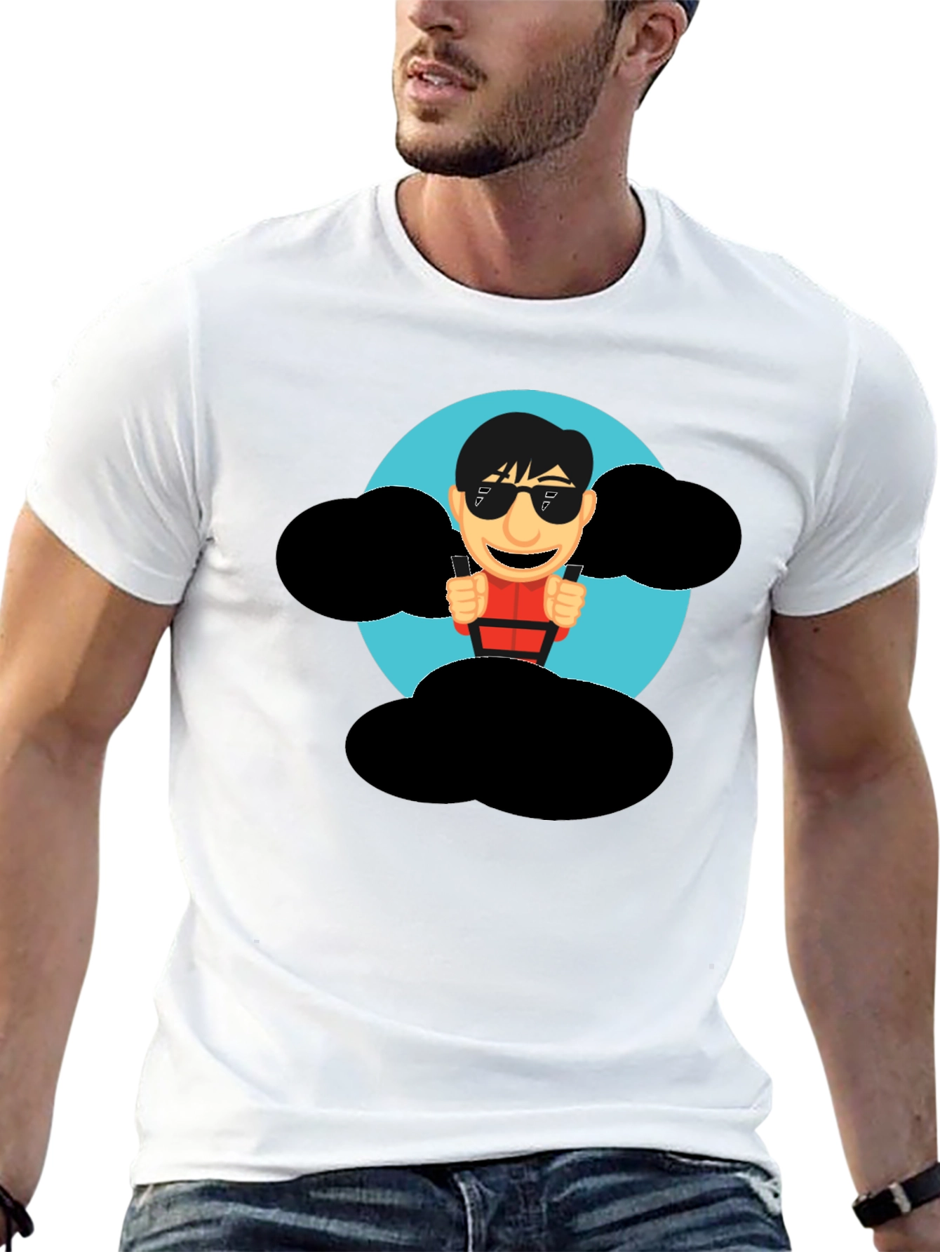 Cartoon Skydiver Graphic Tee - Cool Black T-Shirt