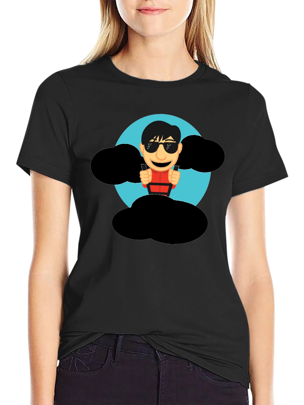 Cartoon Skydiver Graphic Tee - Cool Black T-Shirt