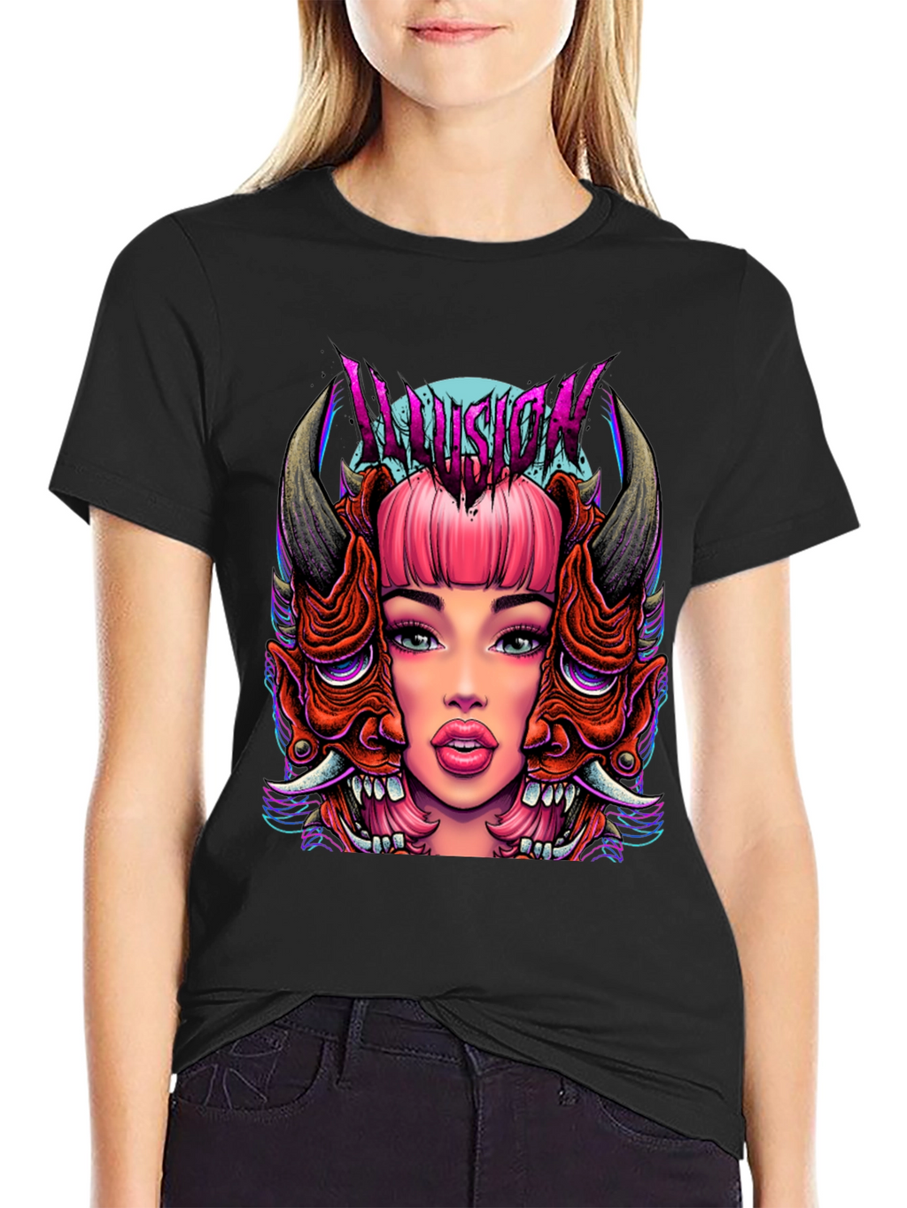 Illusion Graphic Tee - Edgy Demon Girl Design
