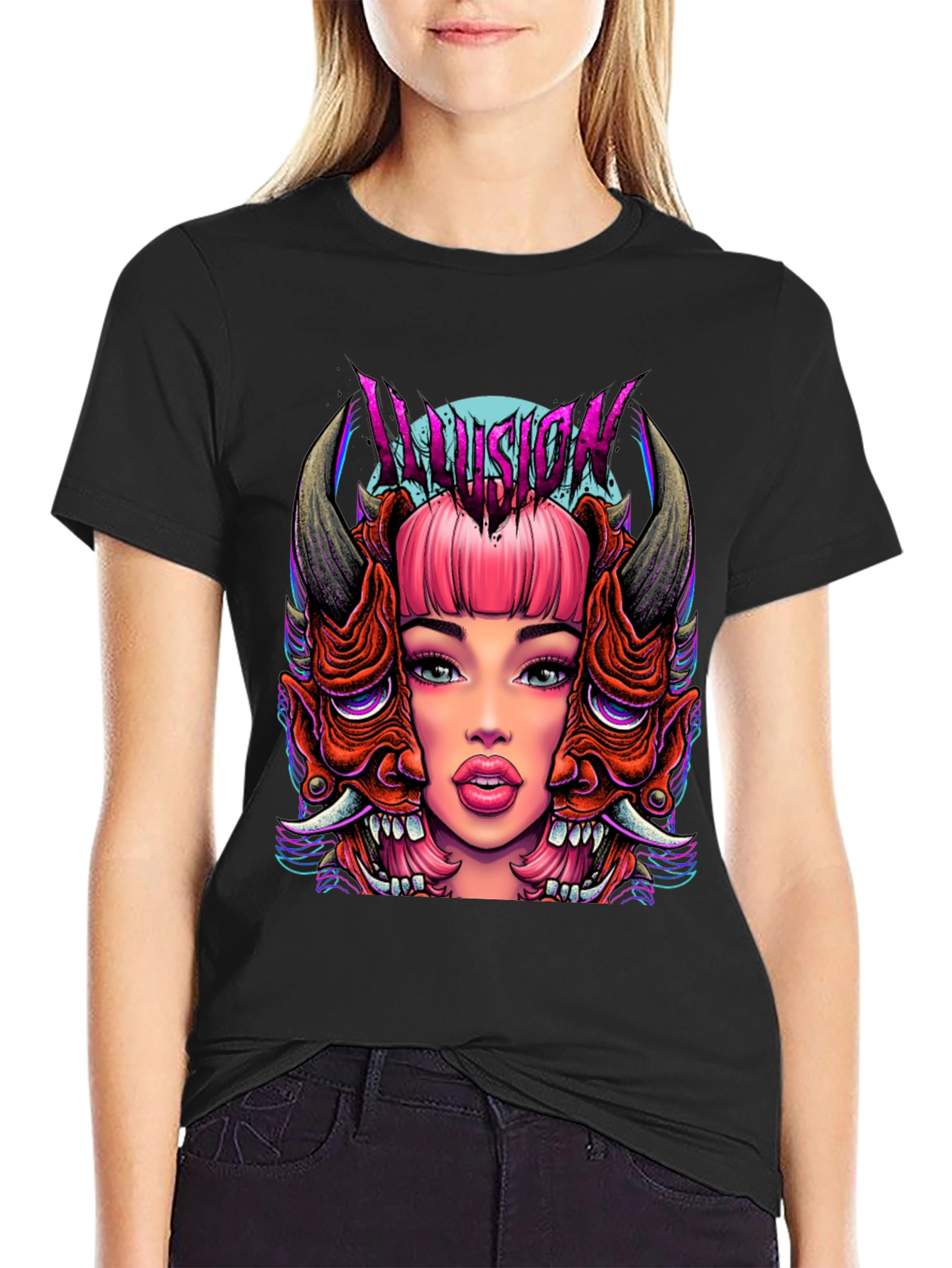Illusion Graphic Tee - Edgy Demon Girl Design