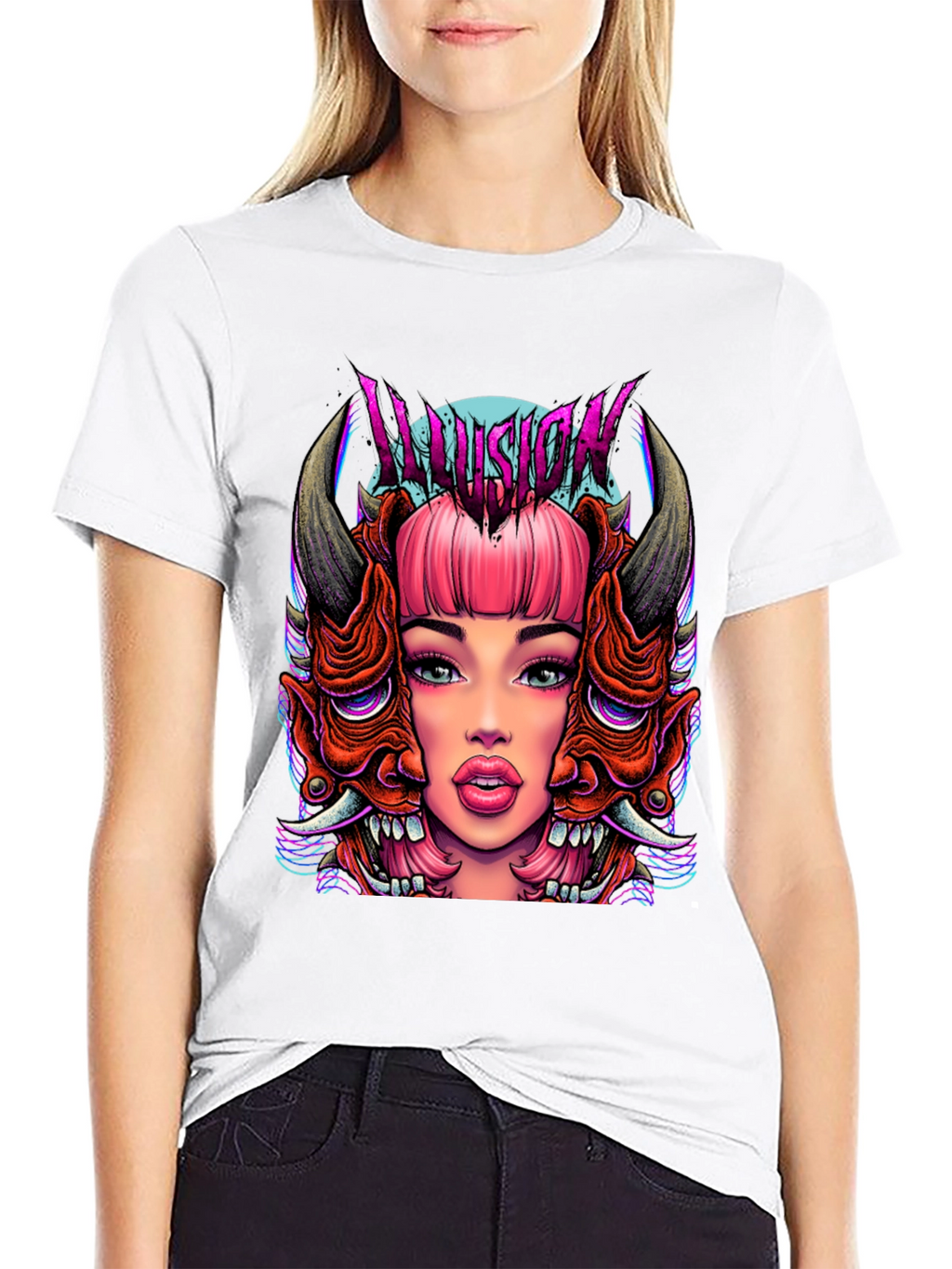 Illusion Graphic Tee - Edgy Demon Girl Design