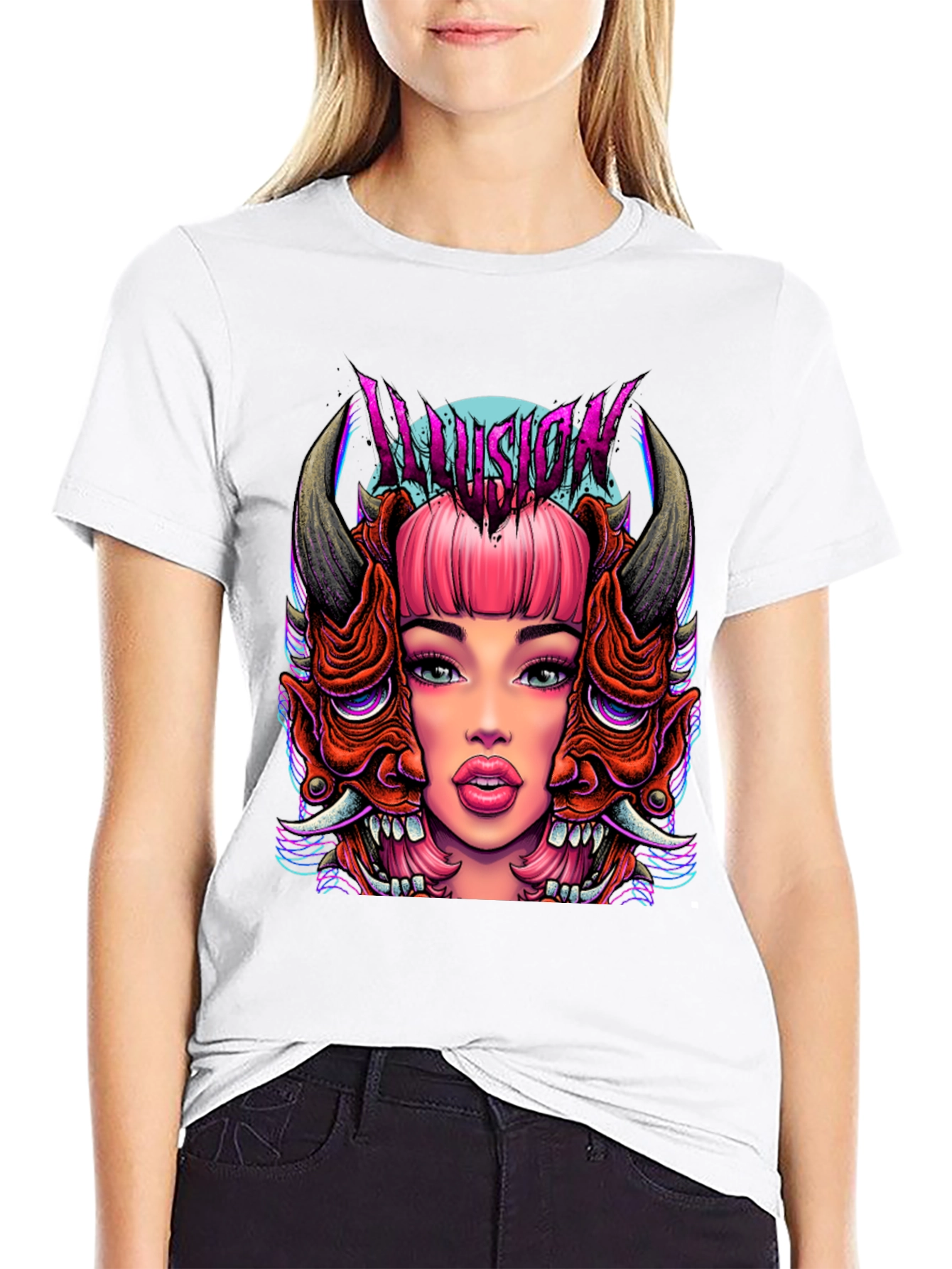 Illusion Graphic Tee - Edgy Demon Girl Design