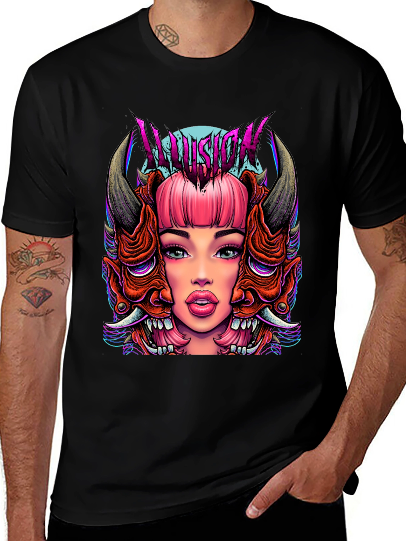 Illusion Graphic Tee - Edgy Demon Girl Design