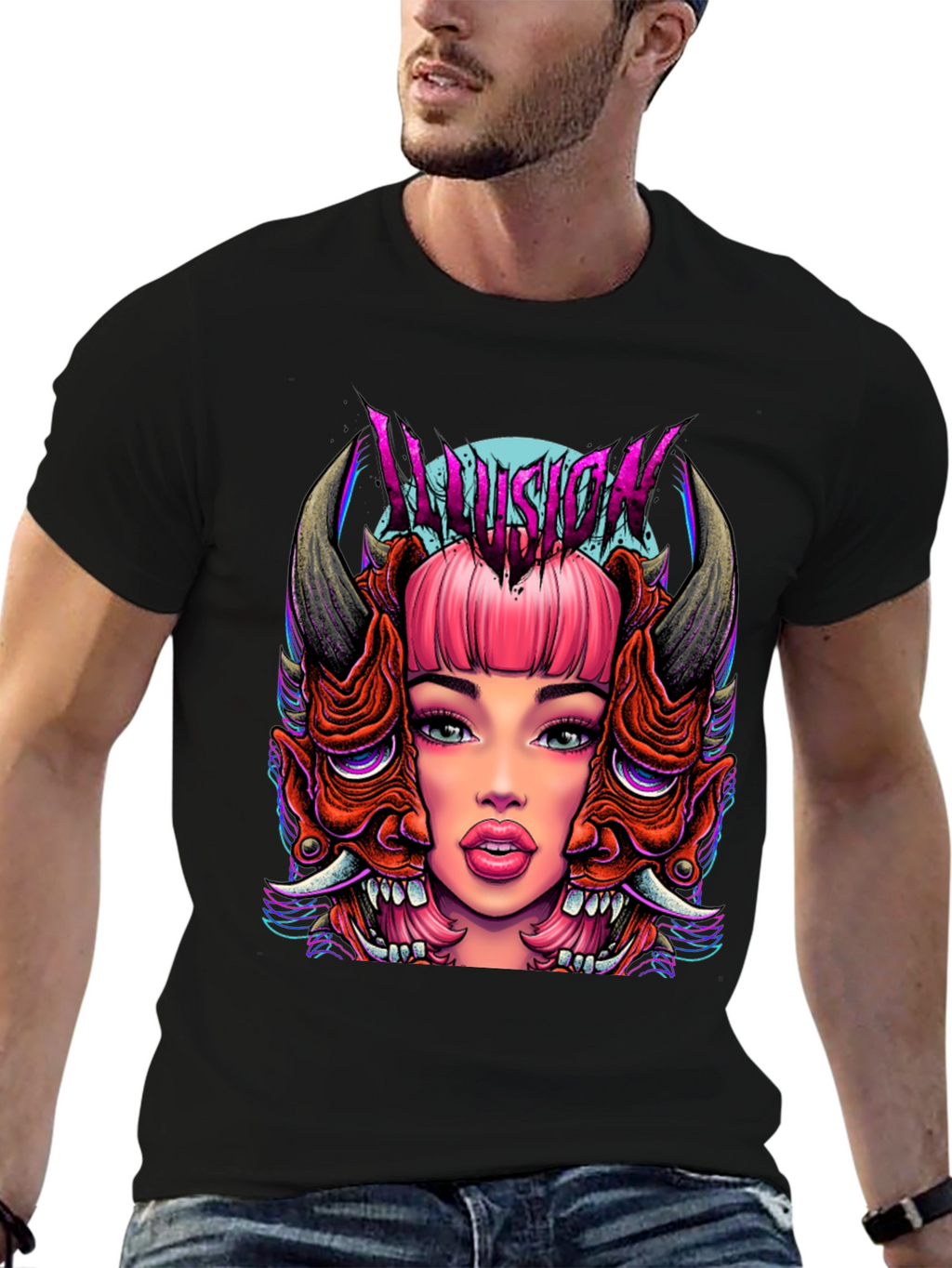 Illusion Graphic Tee - Edgy Demon Girl Design