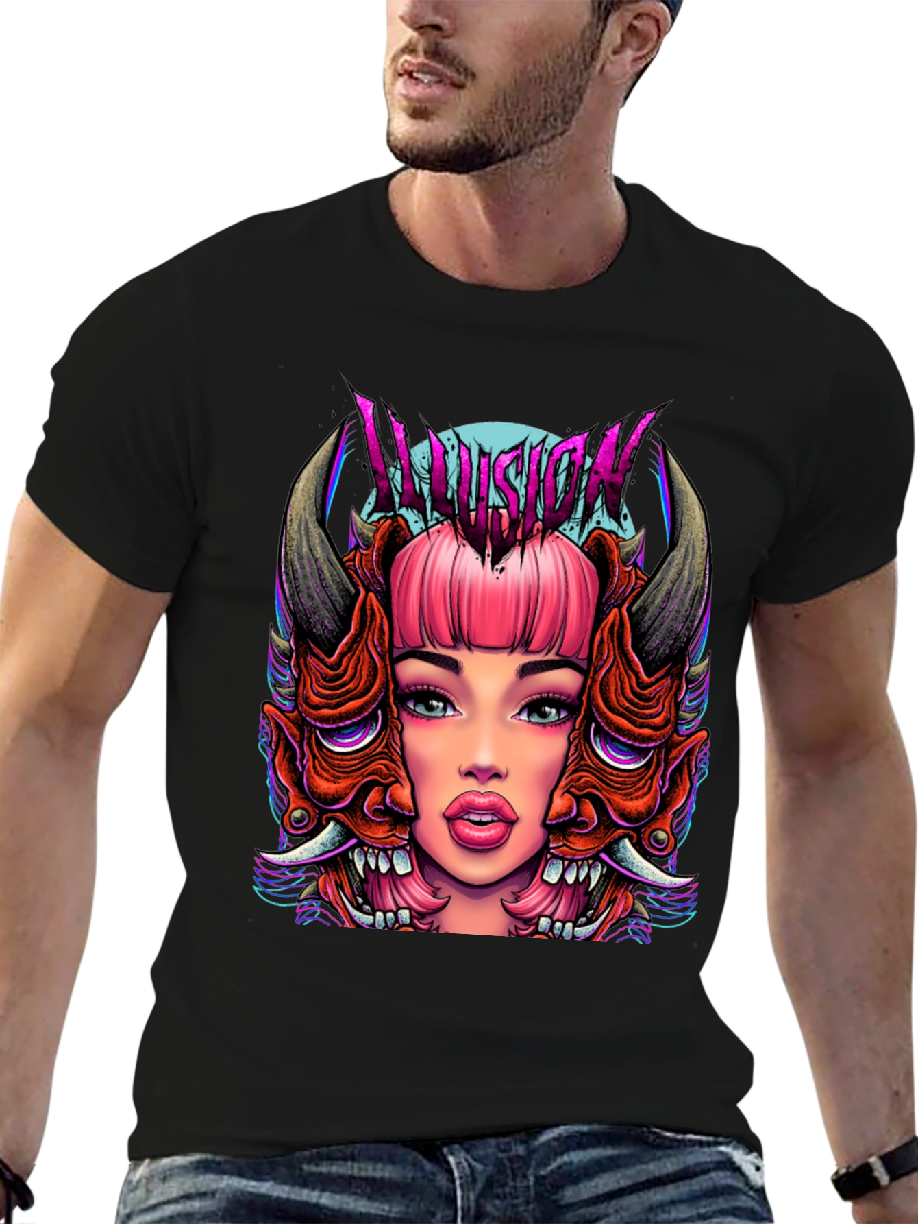 Illusion Graphic Tee - Edgy Demon Girl Design