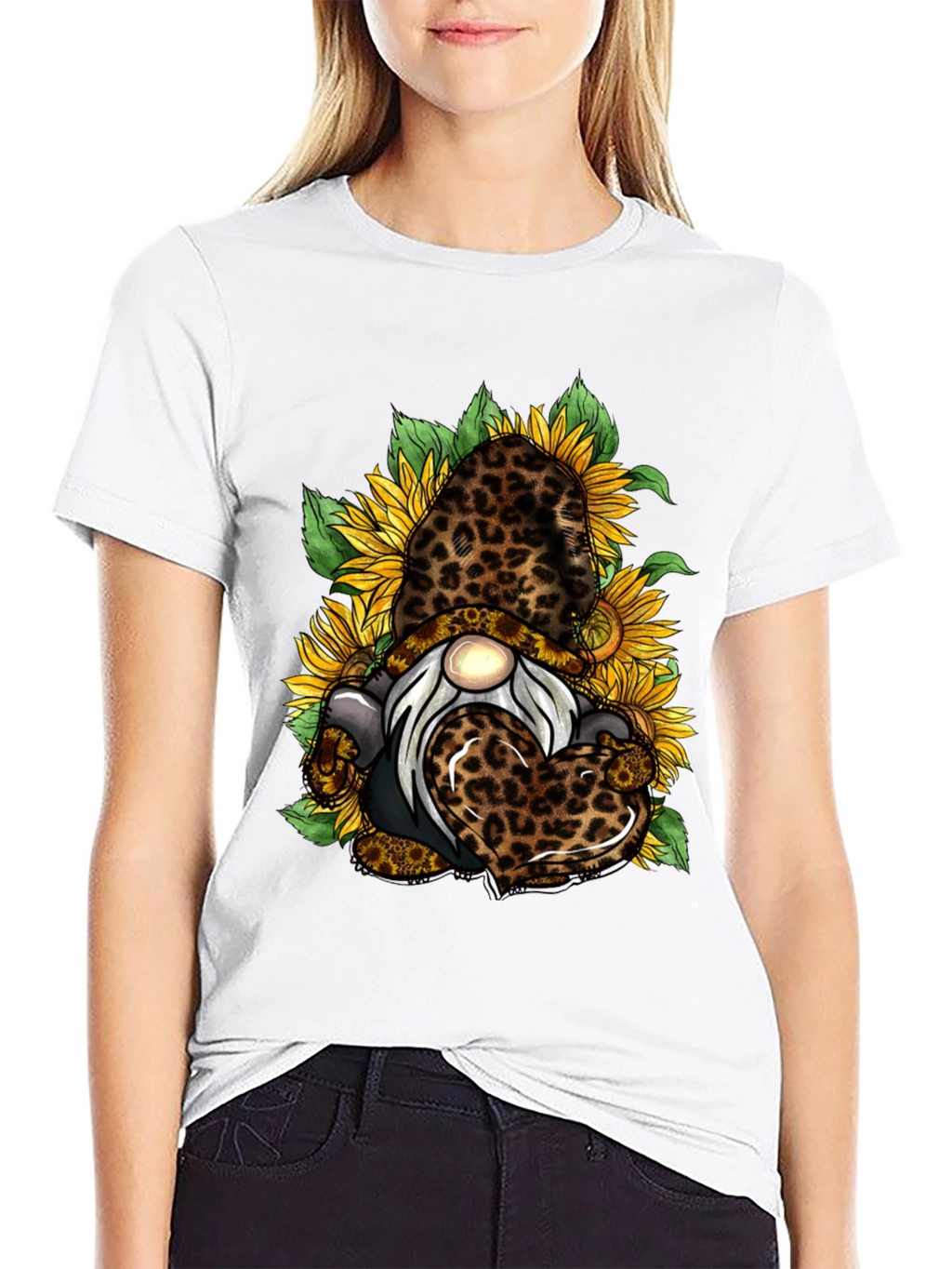 Leopard Sunflower Gnome Graphic T-Shirt
