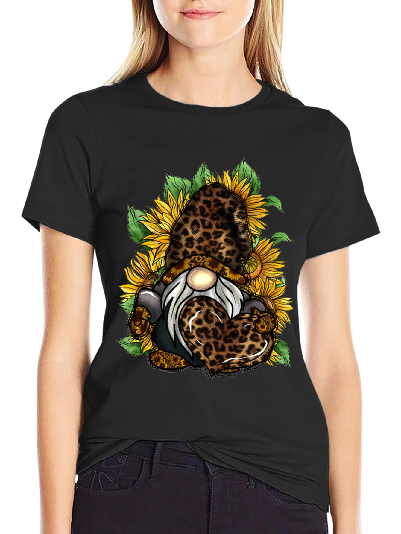 Leopard Sunflower Gnome Graphic T-Shirt