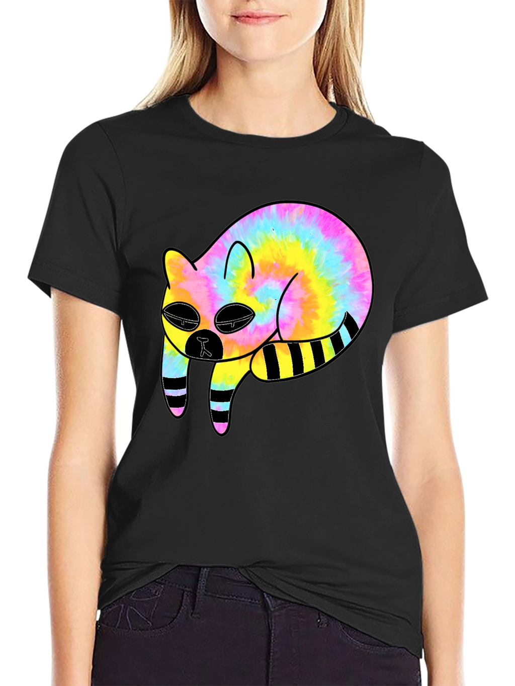 Tie-Dye Cat Graphic Black T-Shirt