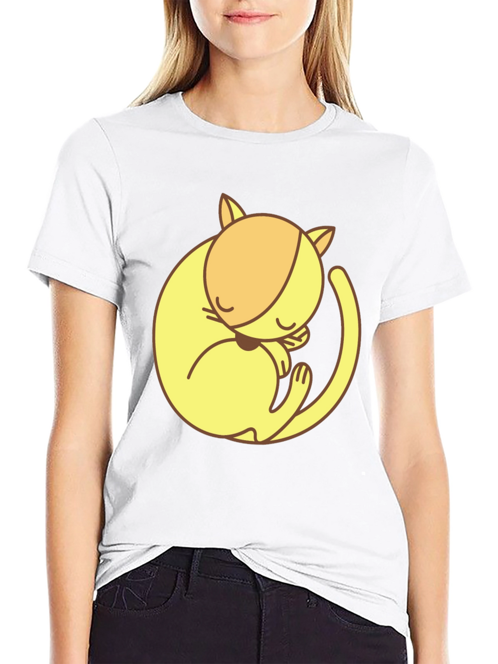 Cute Sleeping Cat Graphic Tee - Black Cotton T-Shirt