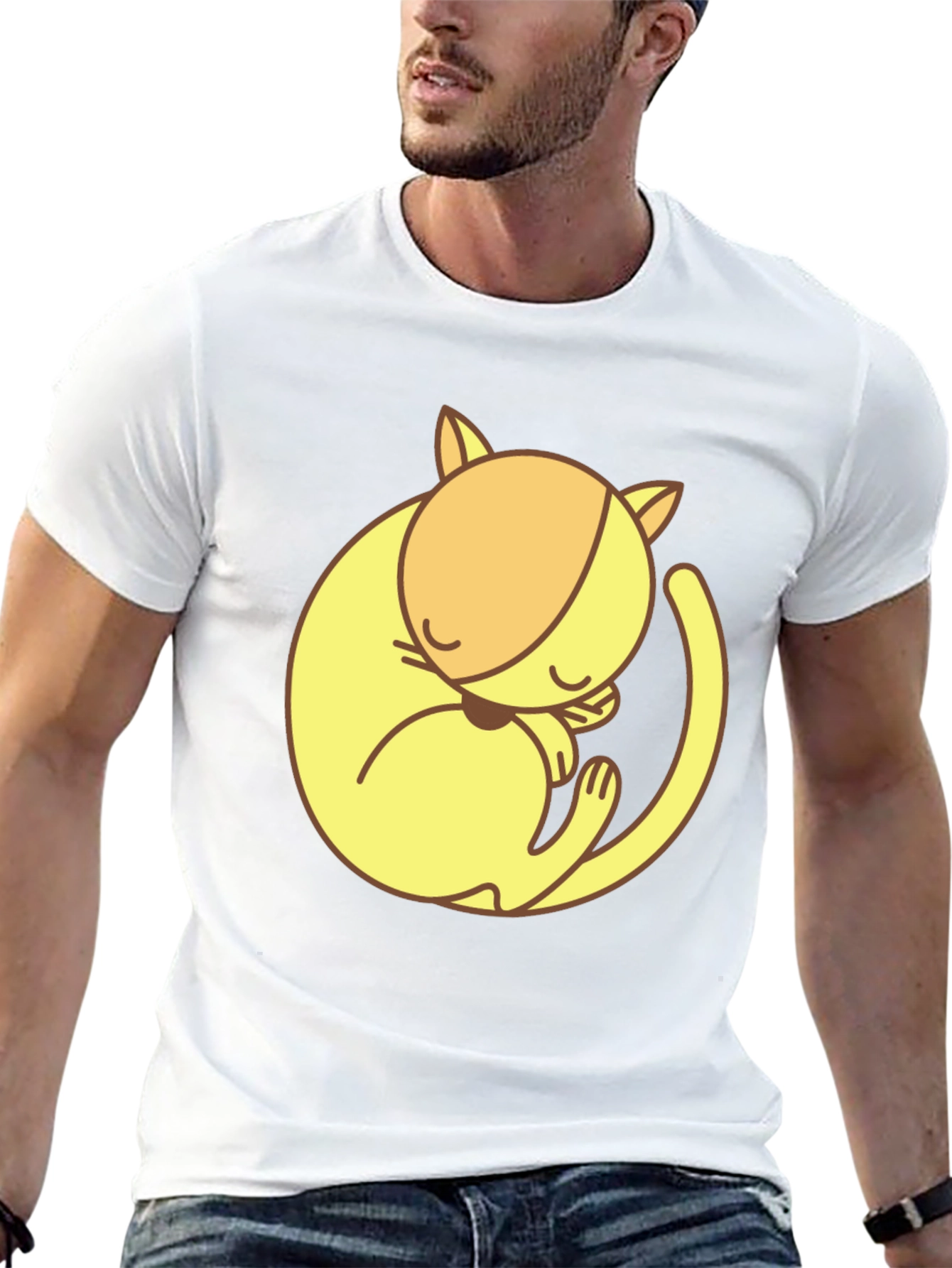 Cute Sleeping Cat Graphic Tee - Black Cotton T-Shirt