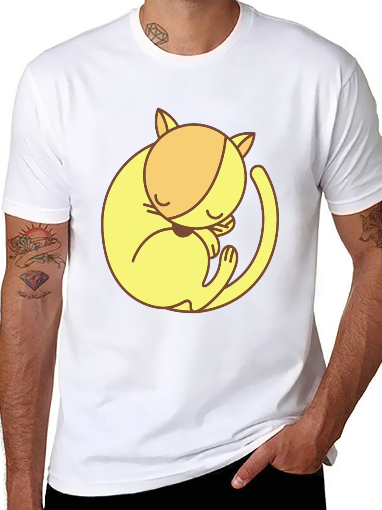 Cute Sleeping Cat Graphic Tee - Black Cotton T-Shirt