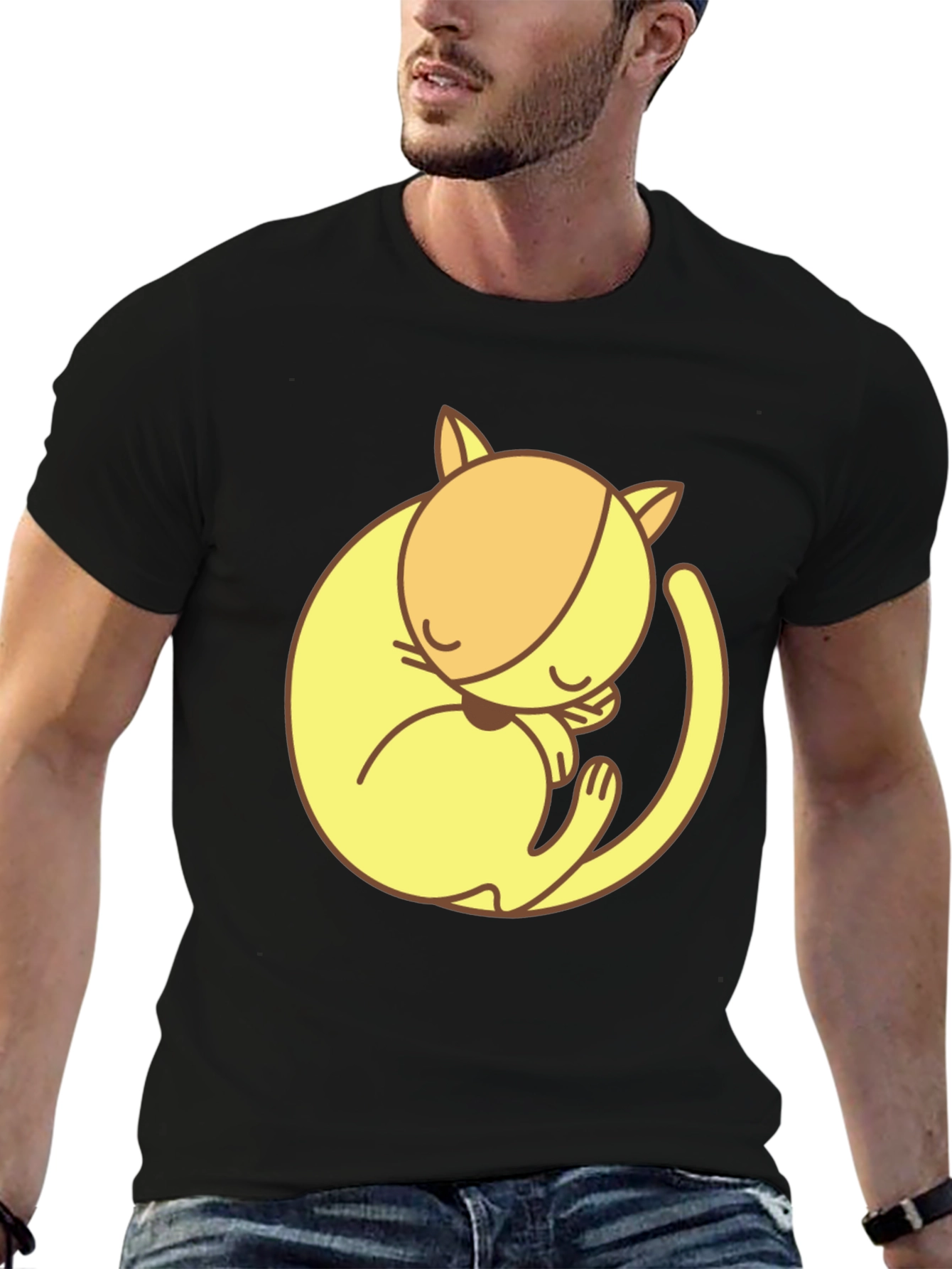 Cute Sleeping Cat Graphic Tee - Black Cotton T-Shirt
