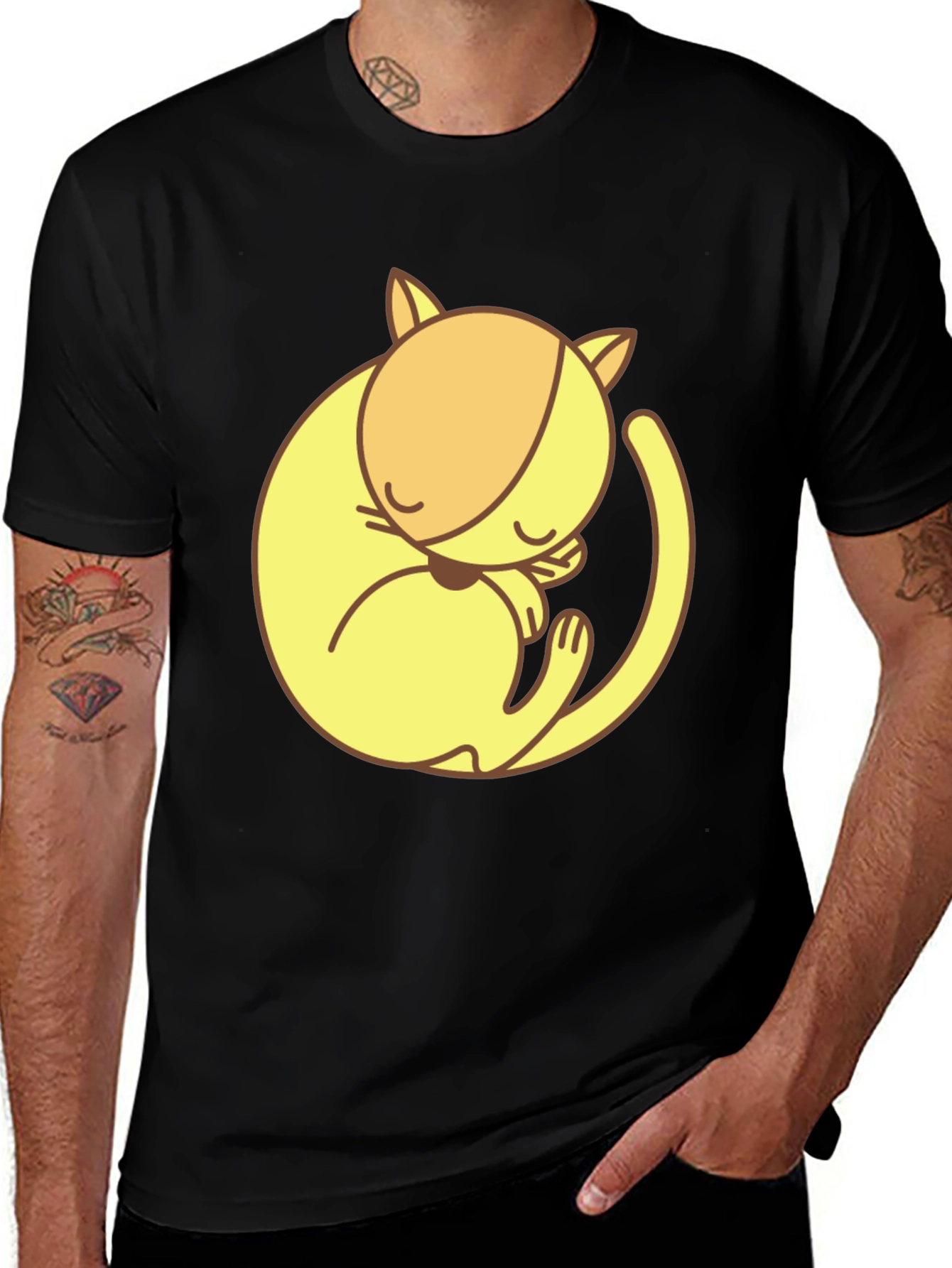 Cute Sleeping Cat Graphic Tee - Black Cotton T-Shirt