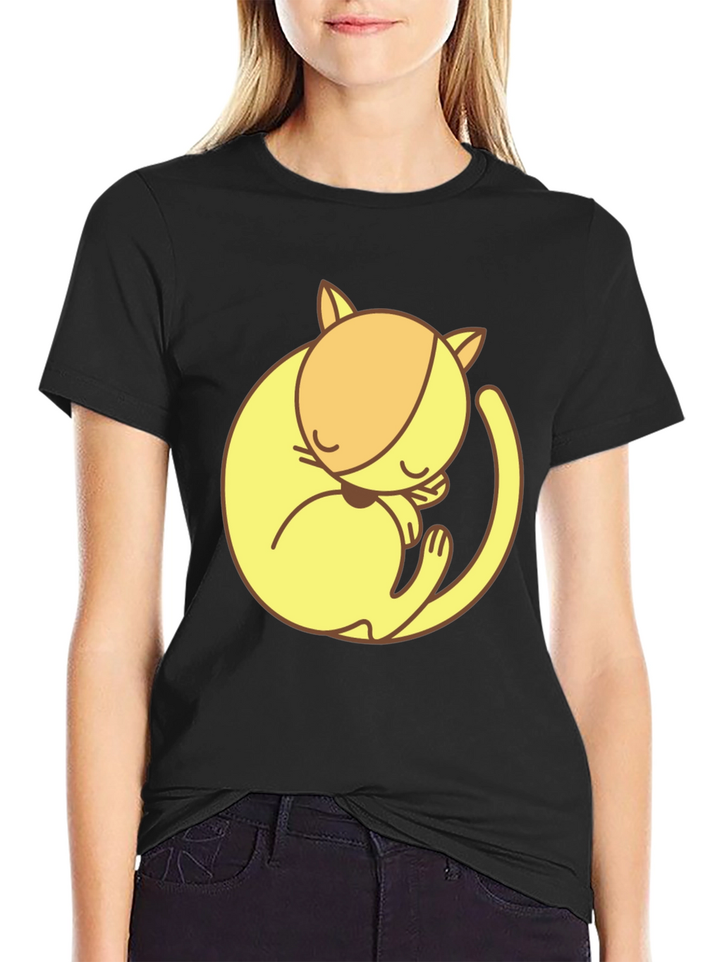Cute Sleeping Cat Graphic Tee - Black Cotton T-Shirt