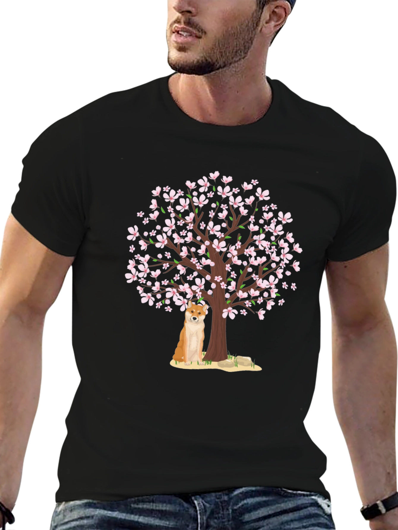 Shiba Inu Under Cherry Blossom Tree Graphic Tee