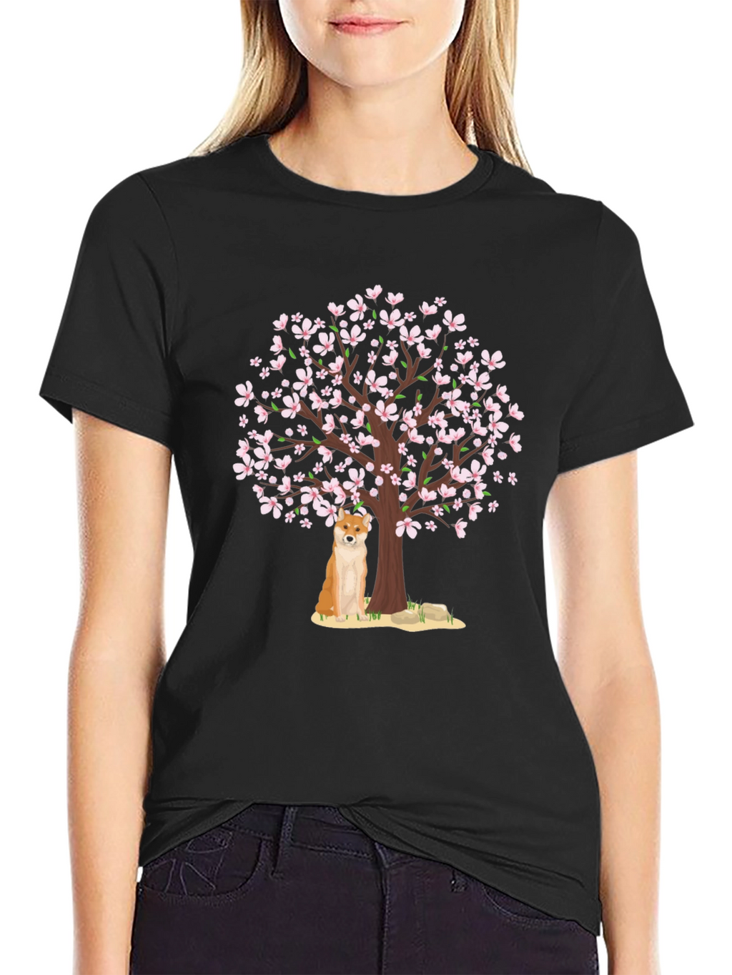 Shiba Inu Under Cherry Blossom Tree Graphic Tee