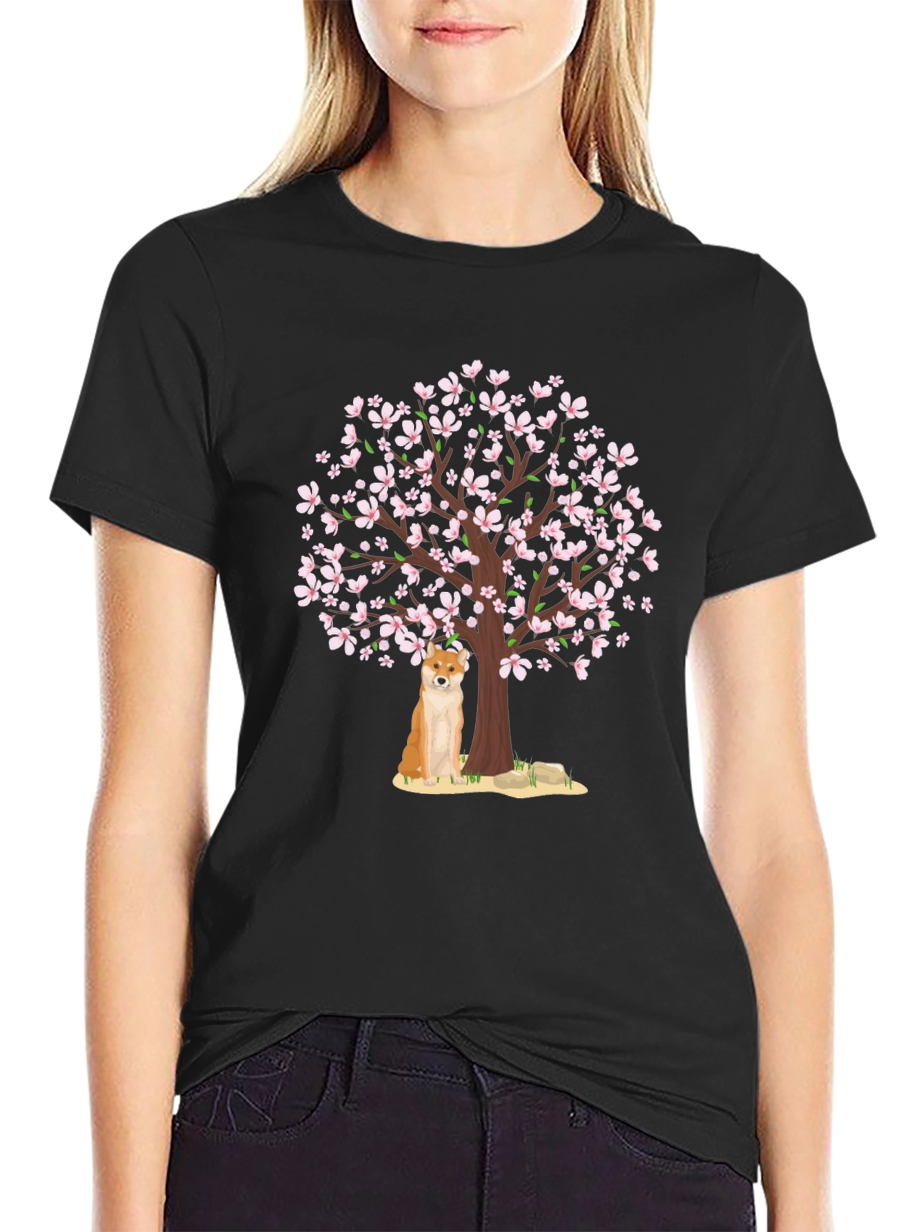 Shiba Inu Under Cherry Blossom Tree Graphic Tee