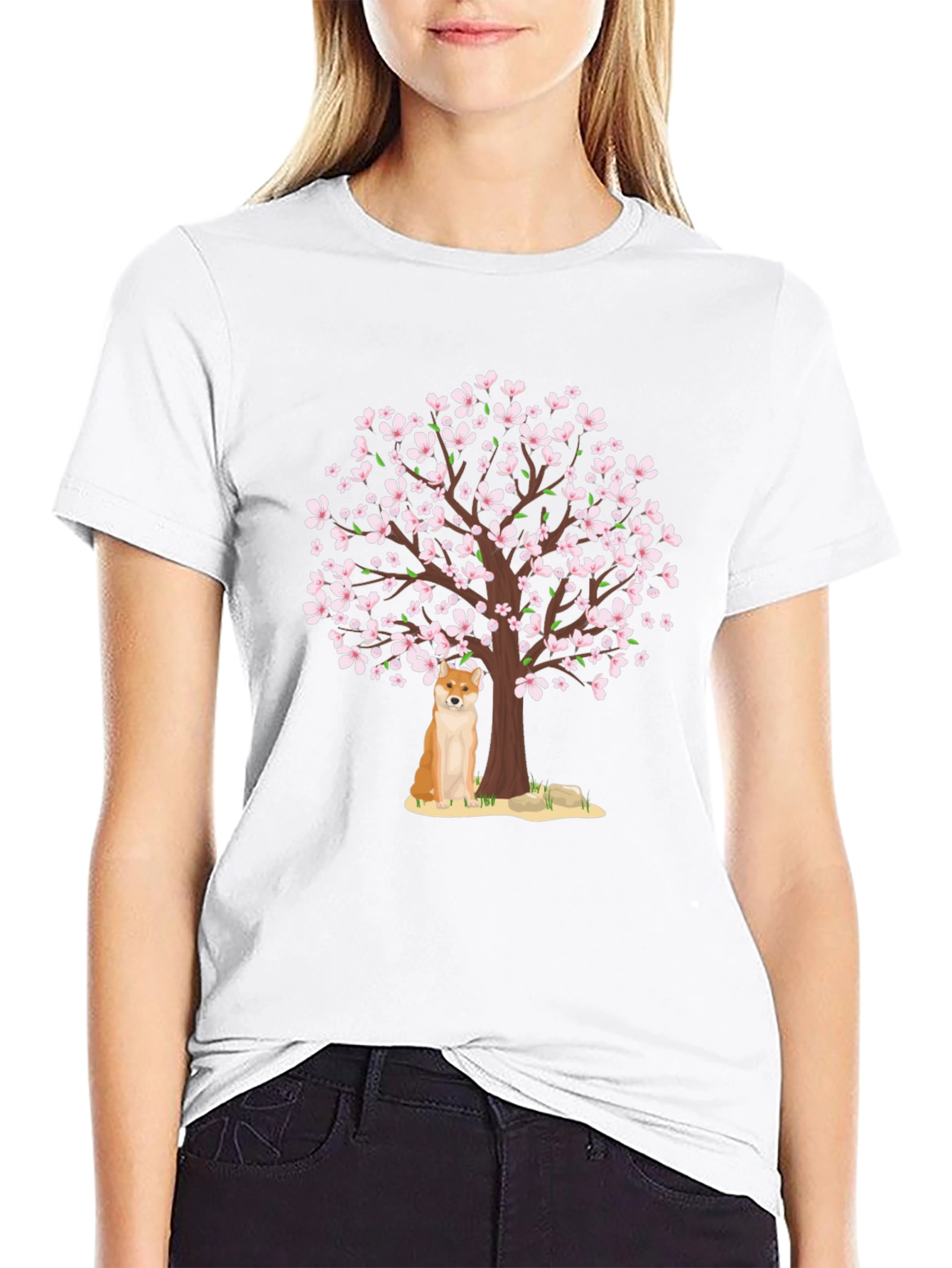 Shiba Inu Under Cherry Blossom Tree Graphic Tee