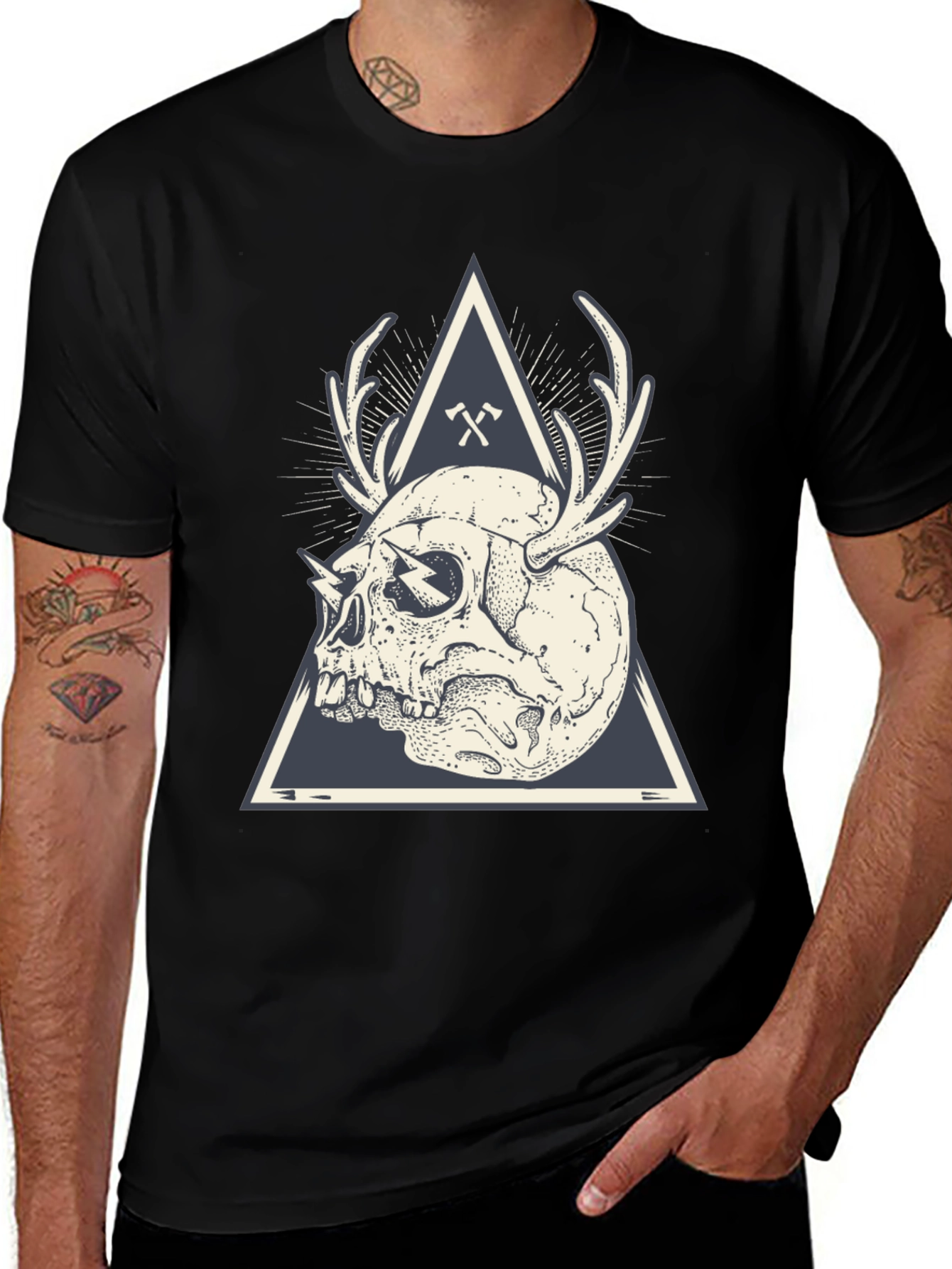 Skull & Antlers Graphic Print Crew Neck Tee