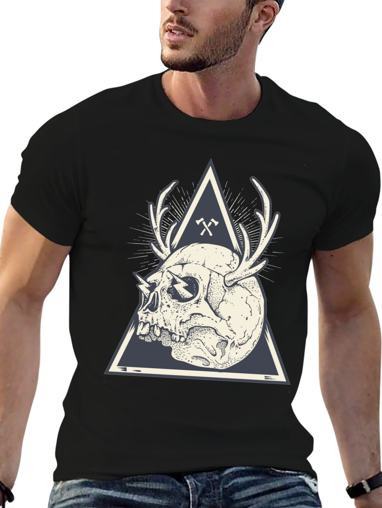 Skull & Antlers Graphic Print Crew Neck Tee