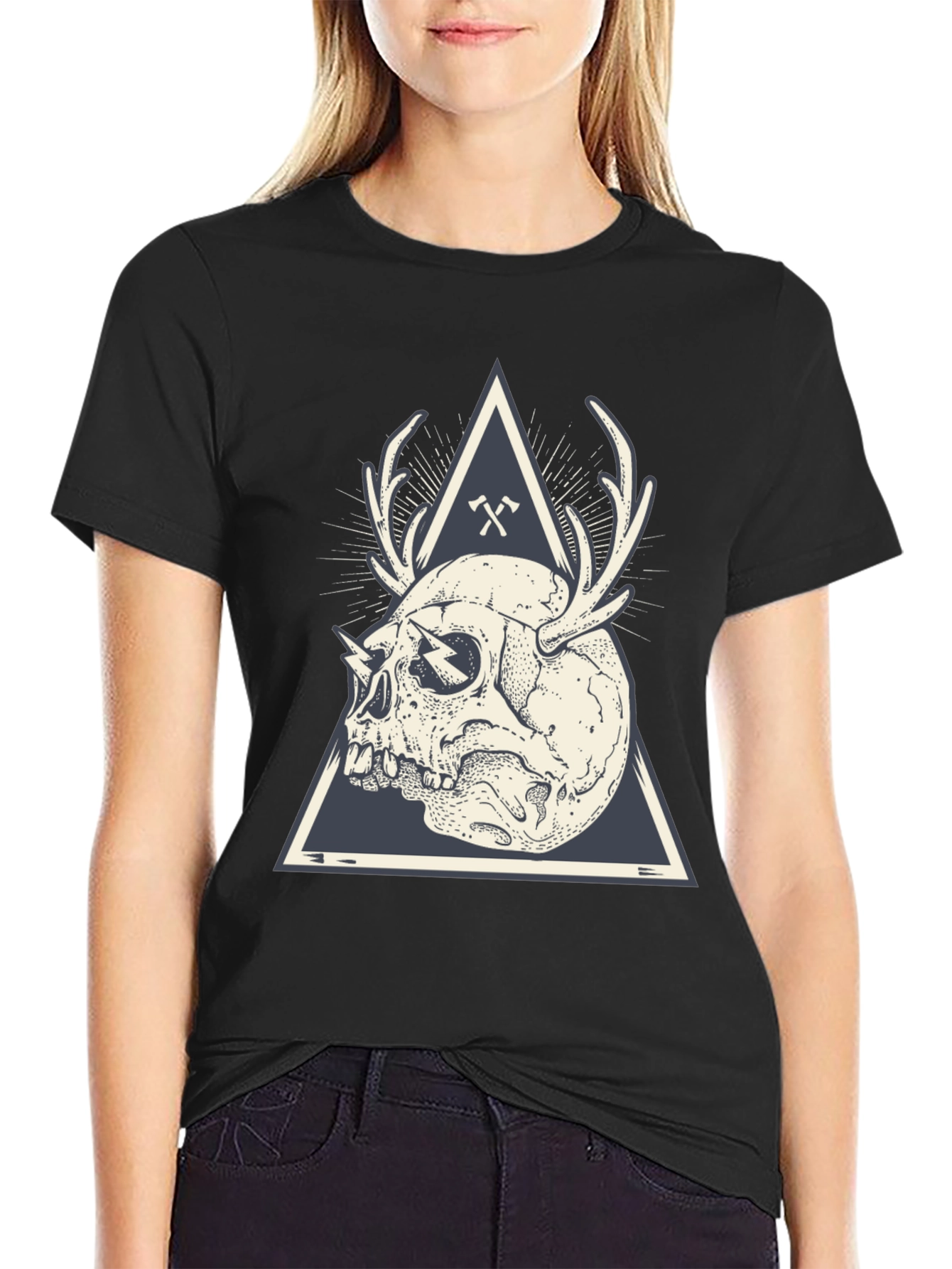 Skull & Antlers Graphic Print Crew Neck Tee
