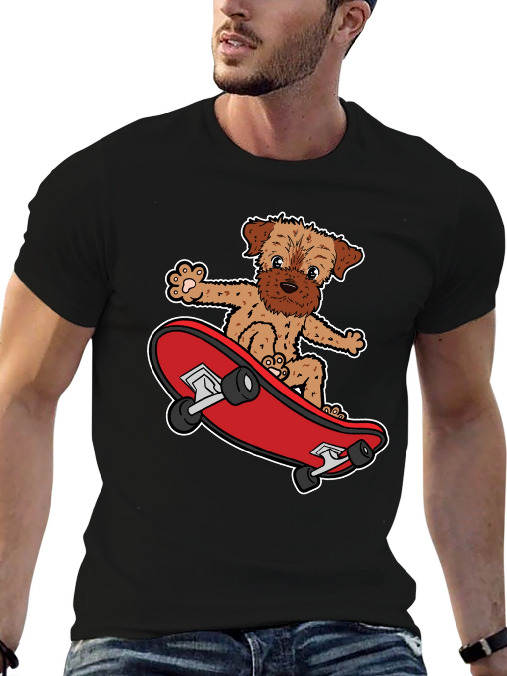 Dog Riding Skateboard Black Graphic T-Shirt