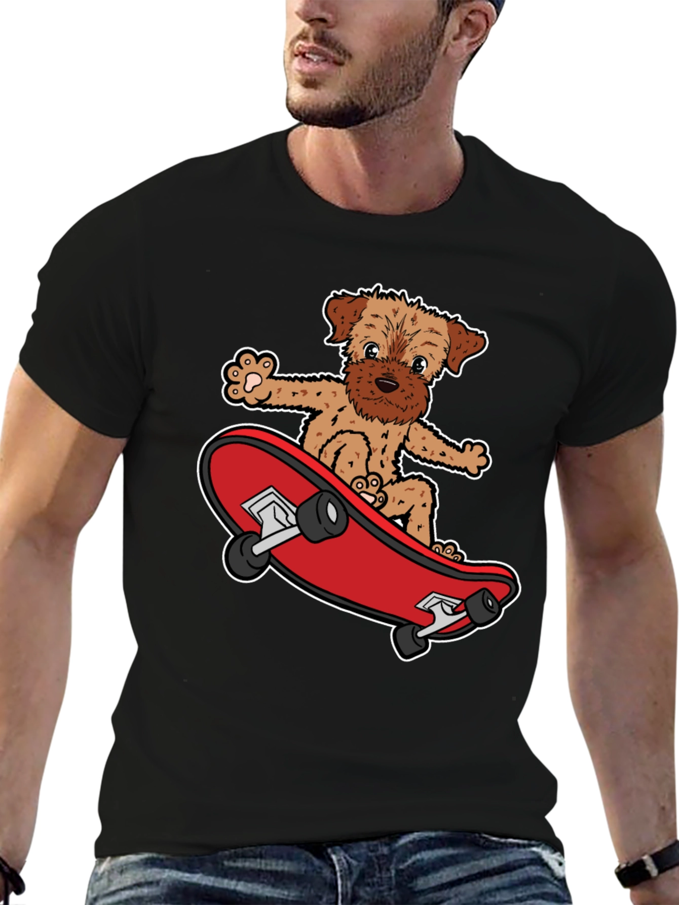 Dog Riding Skateboard Black Graphic T-Shirt
