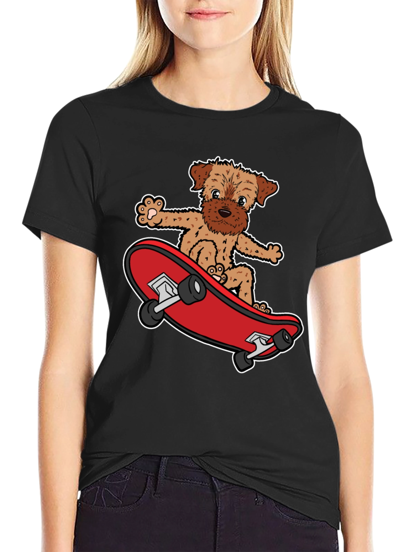 Dog Riding Skateboard Black Graphic T-Shirt