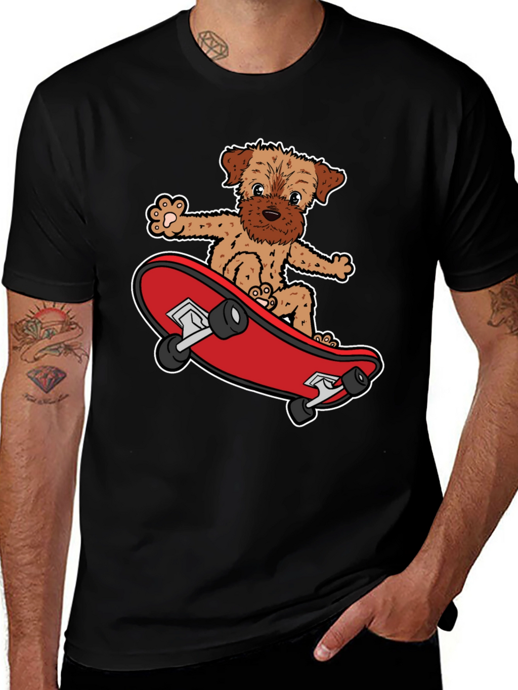 Dog Riding Skateboard Black Graphic T-Shirt