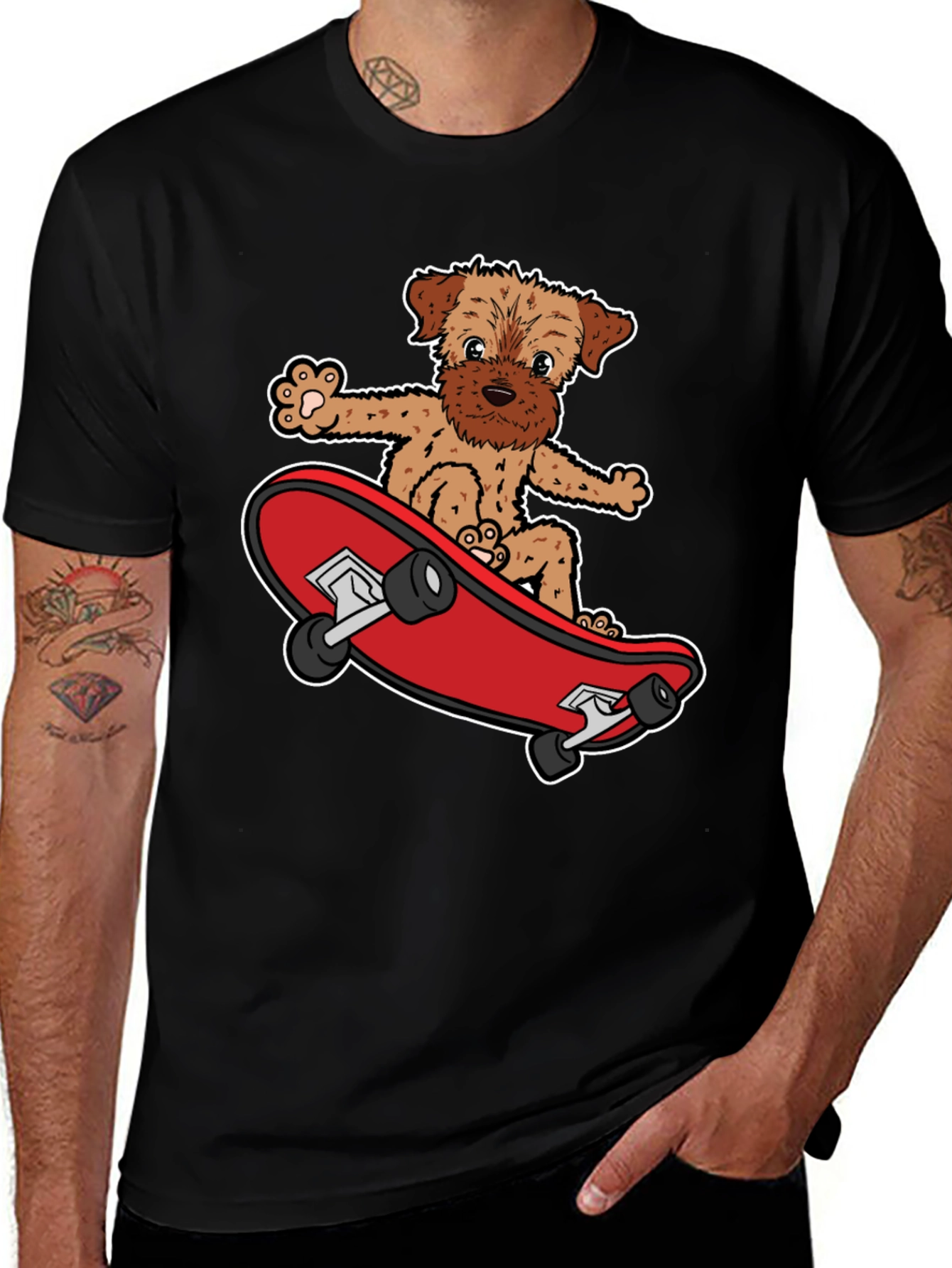 Dog Riding Skateboard Black Graphic T-Shirt