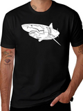 Shark Line Art Graphic Tee - Black Cotton