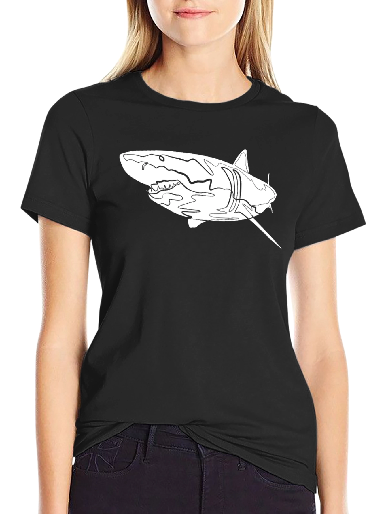 Shark Line Art Graphic Tee - Black Cotton