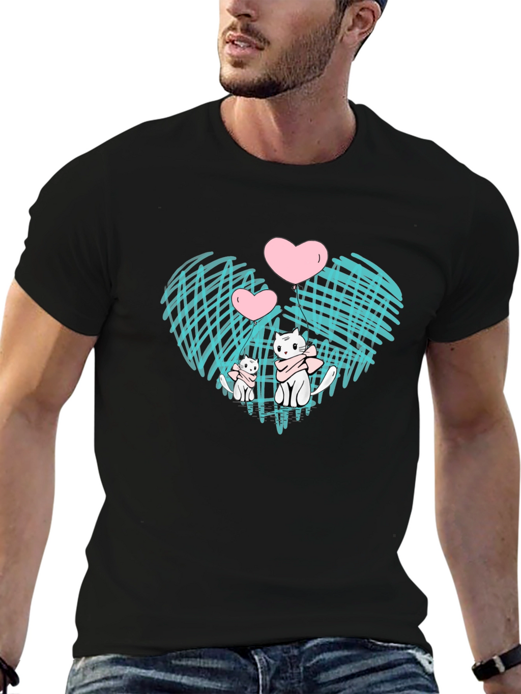 Cute Cats Heart Graphic Black Tee