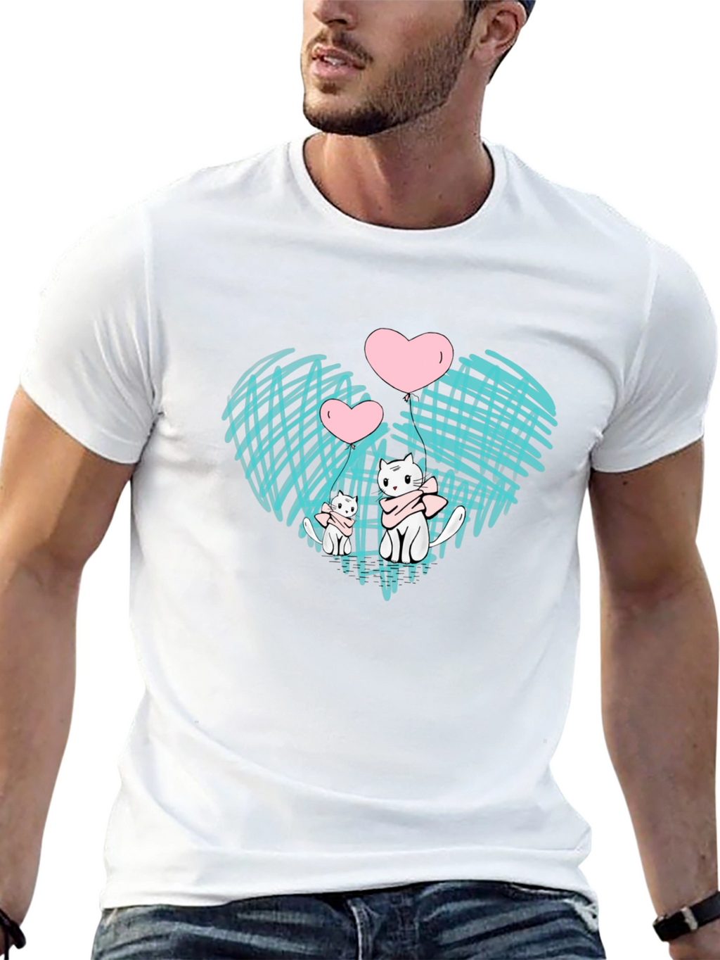 Cute Cats Heart Graphic Black Tee